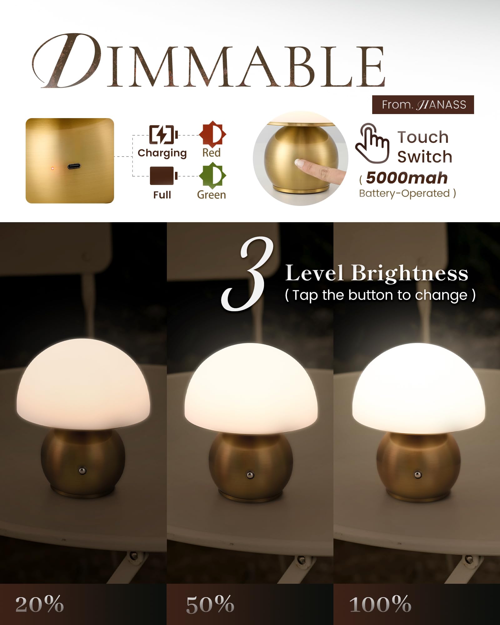 Hanass Mushroom Lamp Small Lamps, Cute Mini Cordless Lamps, Rechargeable Table Bedside Nightstand Lamp Dimmable For Bedroom With Gold Base, Mt2319-B