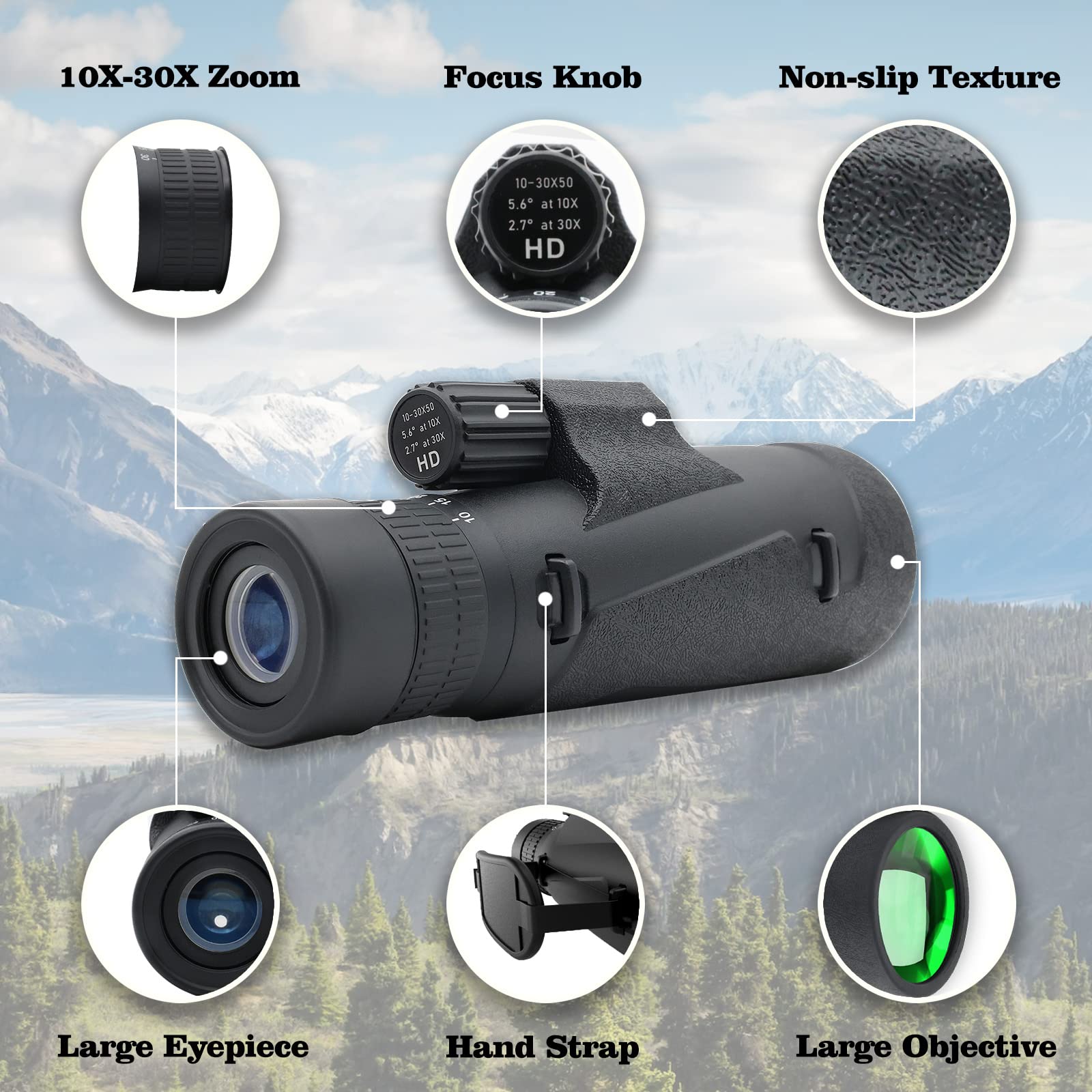 Wontocheer High Power Zoom Monocular Scope 10-30  50 With Smartphone Adapter Tripod Hand Strap, Compact Telescope For Hunting Bird Watching Travel Hiking With Bak4 High Definition Prism
