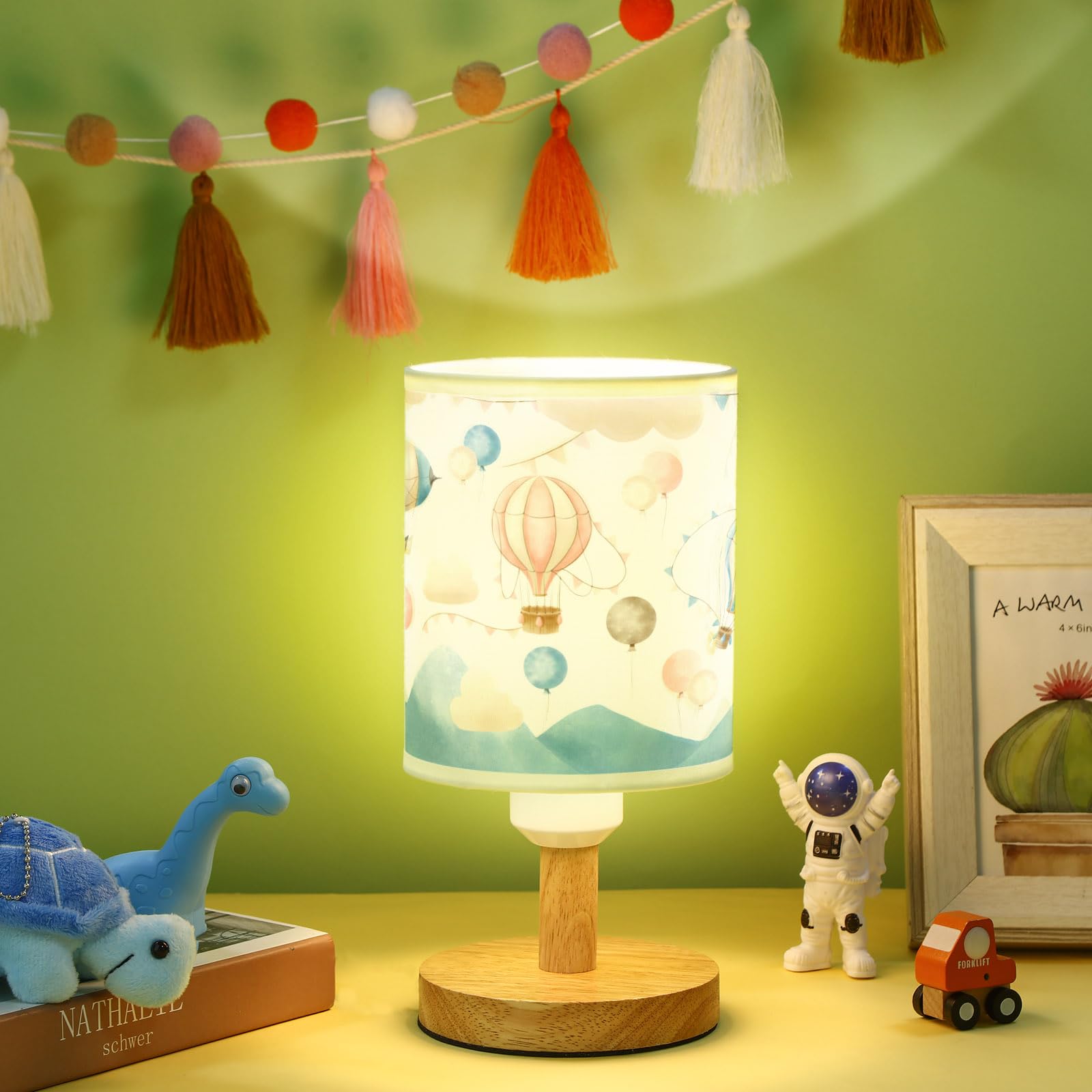 Vihose Hot Air Balloon Table Lamp For Bedroom Kids Bedside Lamp With Linen Wooden Nightstand Lamp Cartoon Nursery Lamp Lampshade For Girls Boys Living Room