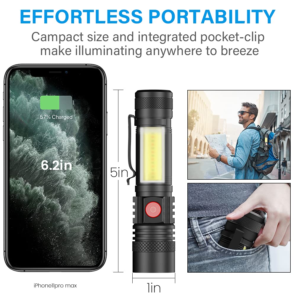 Vnina Usb Rechargeable Flashlight, Led Magnetic Flashlights Super Bright Utility Flashlights With Cob Sidelight Waterproof Zoomable 6 Modes Usb Rechargeable For Camping Emergency