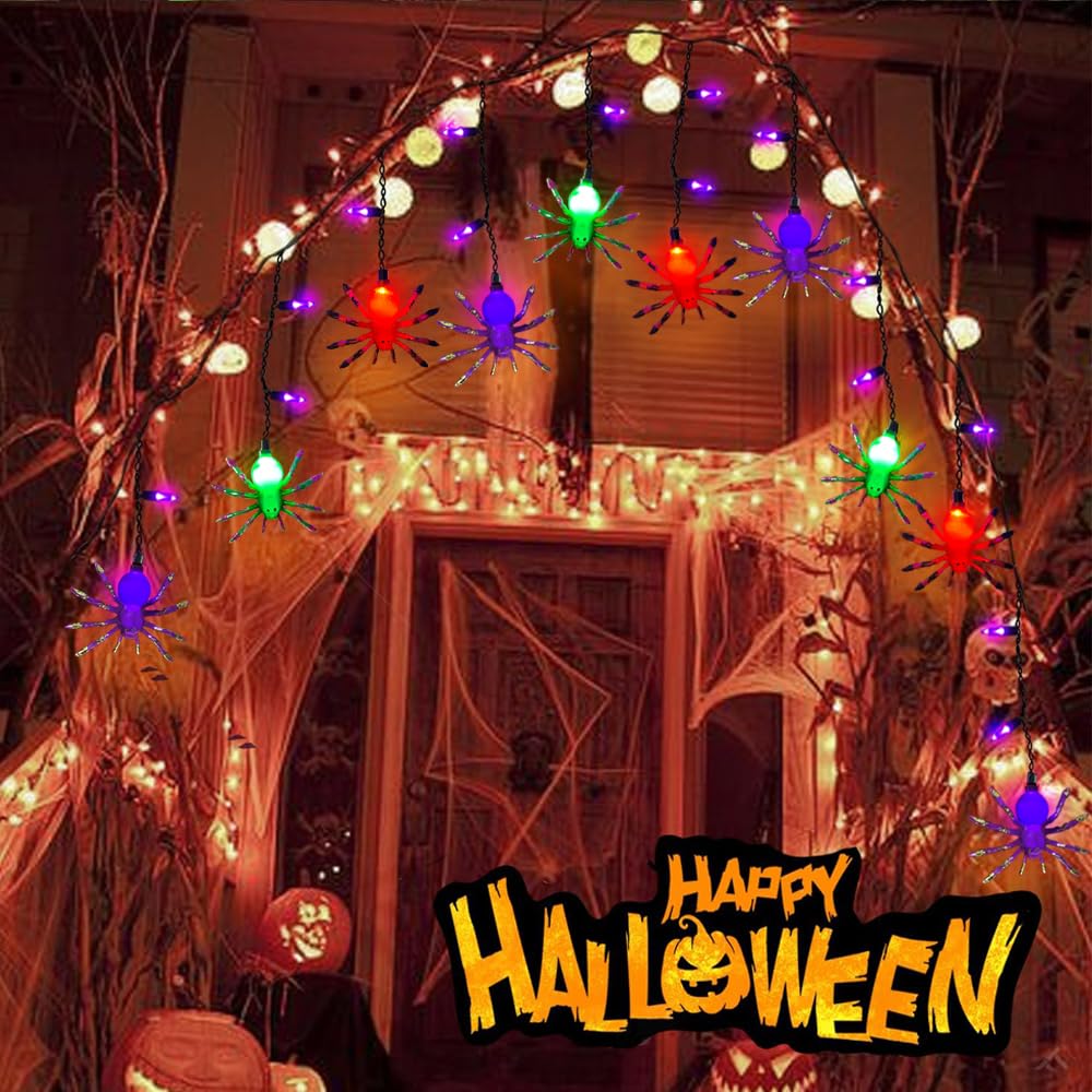 Smatols Solar Halloween Spider String Lights, 12Ft Decorations With 10 Spiders And 15 Purple Mini Lights, Curtain For Outdoor Window Patio Stair Decor