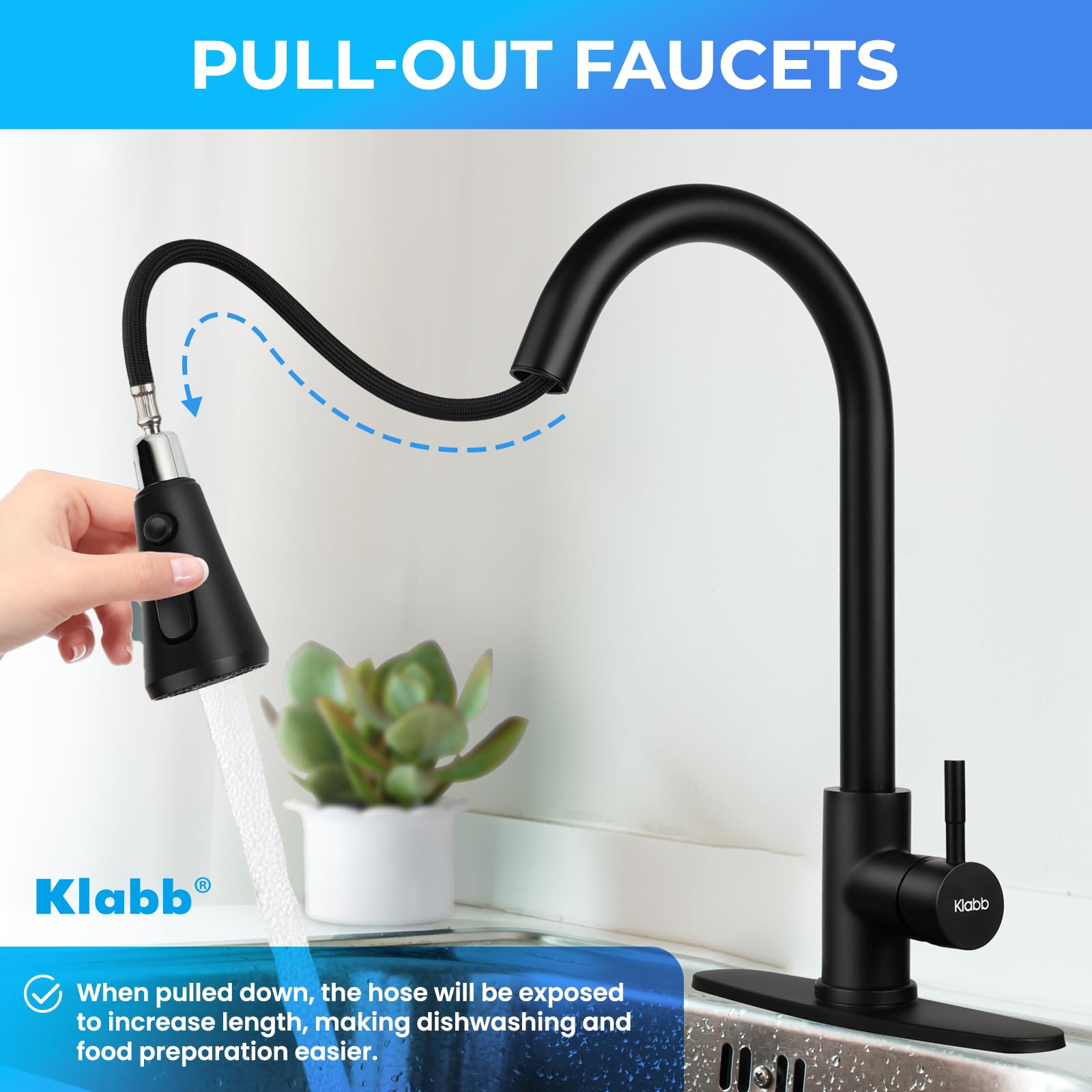 Klabb Kitchen Faucet, Matte Black Single Handle Brass Pull-Out Faucet With Sprayer & Deck Plate, Durable & Easy To Install For Kitchen Sink