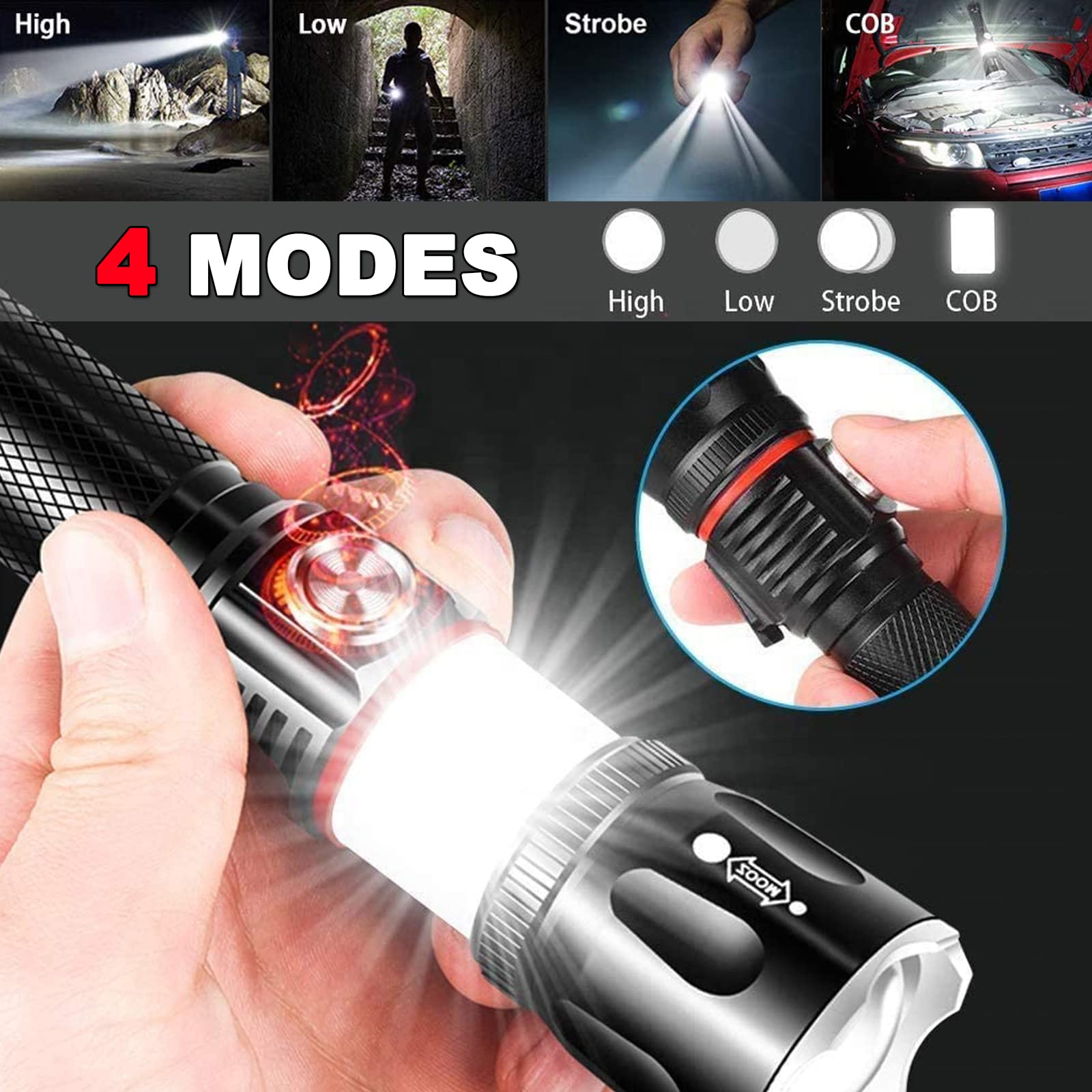 Punlim Led Rechargeable Flashlight, Portable Bright Tactical Flashlights, Magnetic Flashlight With 360°Cob Light, Zoomable, Waterproof, 4 Modes Lights For Camping Emergencies Car Walking (2 Pack)