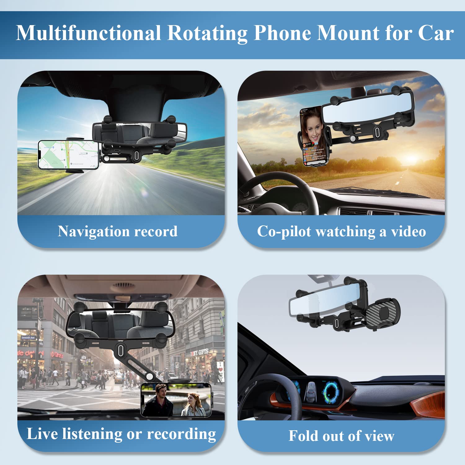 Miuolv Car Phone Holder For Rearview Mirror, 360 Rotatable And Retractable, Fits 4.0-7.0 Inch Smartphones, Mirror-Black