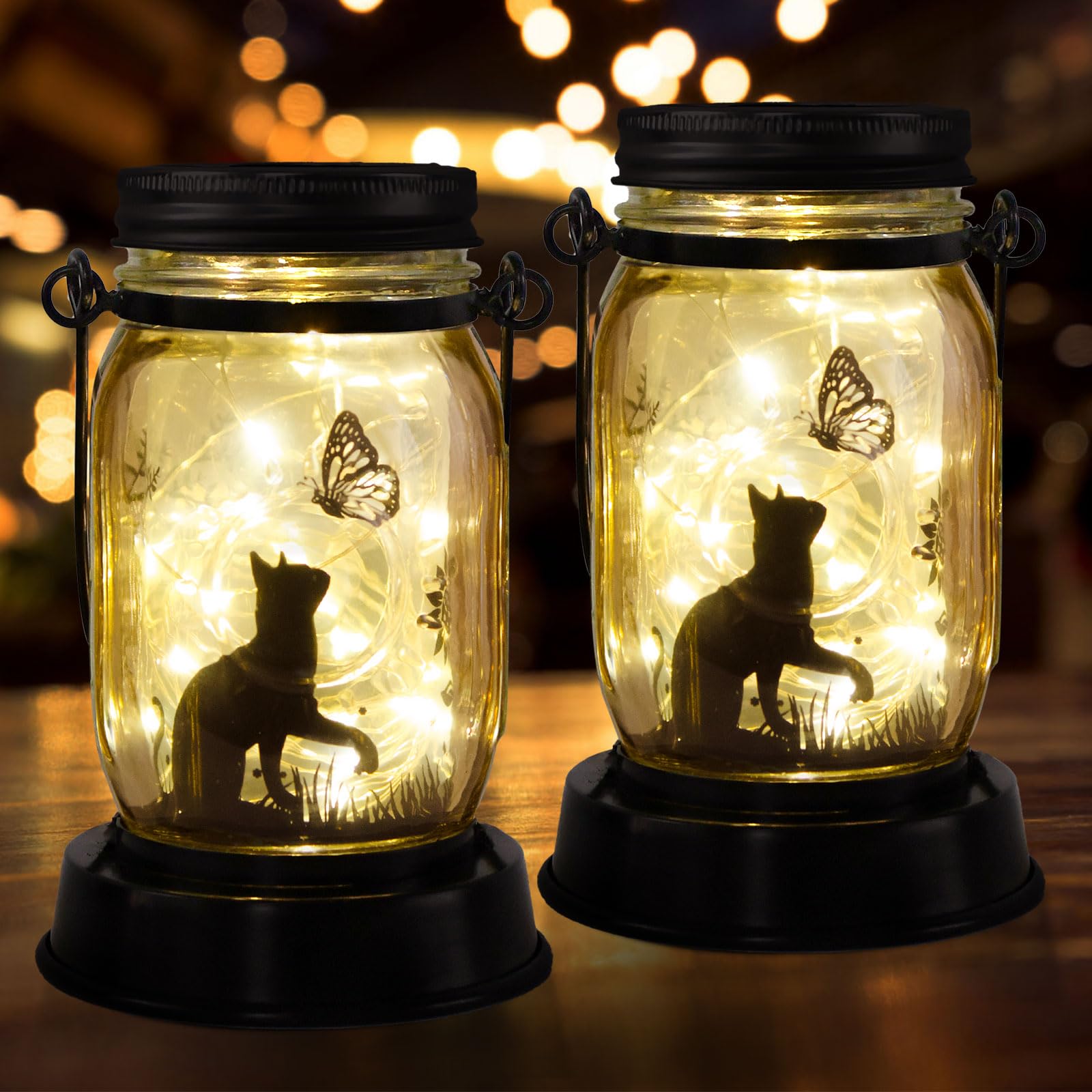 Jobosi 2Pcs Cat Jar Solar Light, Fairy Lantern Garden Lights, Jar Bottle Light, Solar Lanterns Outdoor Garden Decor, Mom Gift, Grandma Gift,  For Mother
