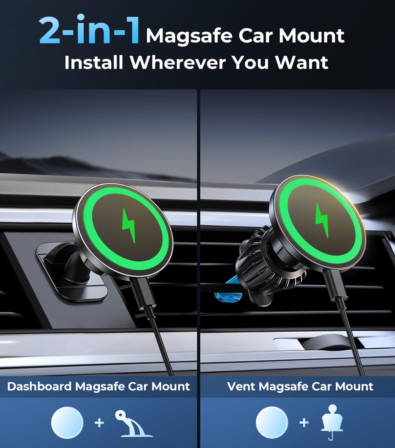 Aredan For Magsafe Car Mount Wireless Charger, 2-In-1 Dashboard And Air Vent Mount, Strong Adhesive, Heat Resistant, 360° Rotation, Magnetic Phone Holder For Your Car Accessories For Iphone 16/15 Pro Max