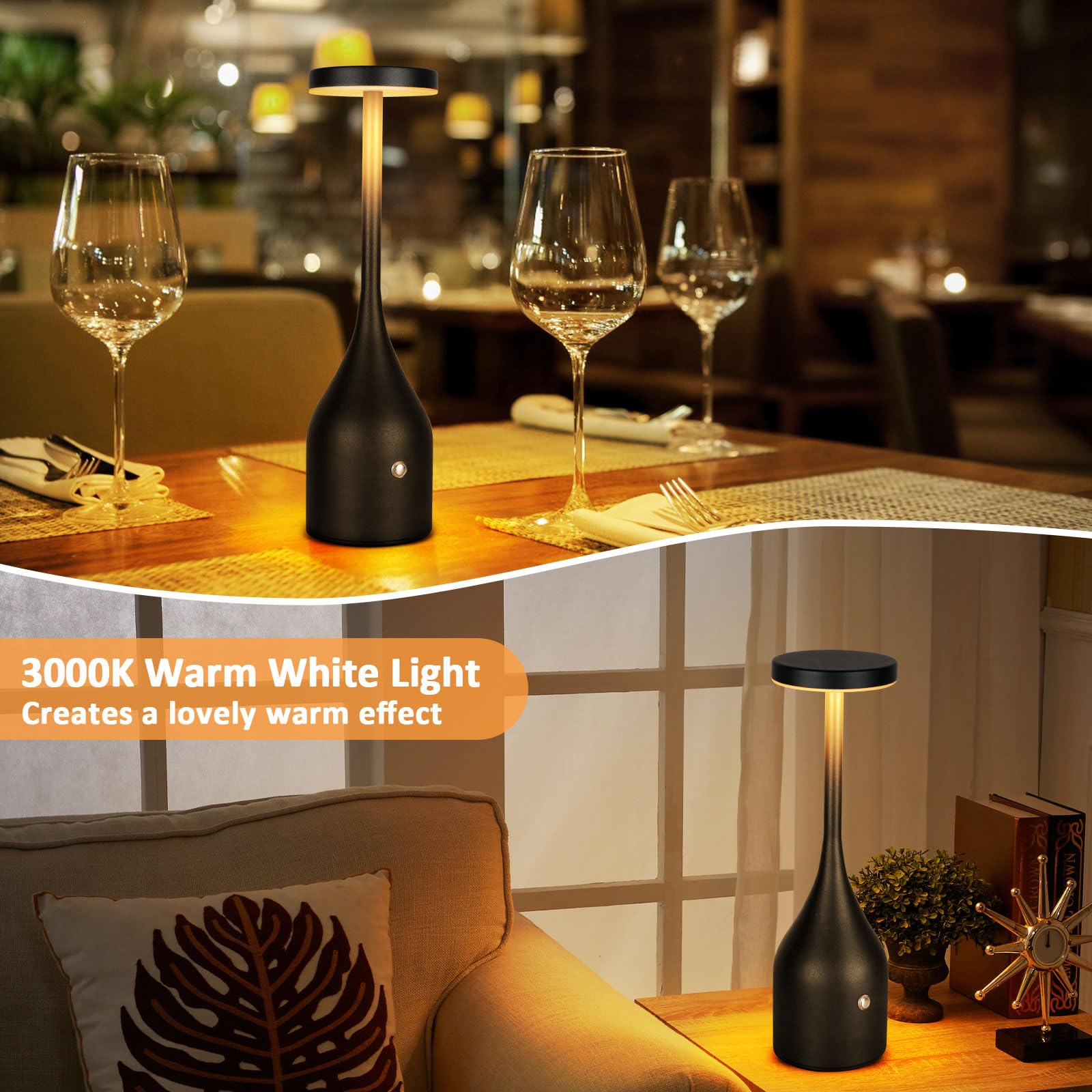Fenfud Cordless Table Lamp Rechargeable - 5000Mah Battery Operated Led Table Light, Wireless Portable Table Light Waterproof For Outdoor Patio Restaurant Dining Dinner Home, Black 2 Pack
