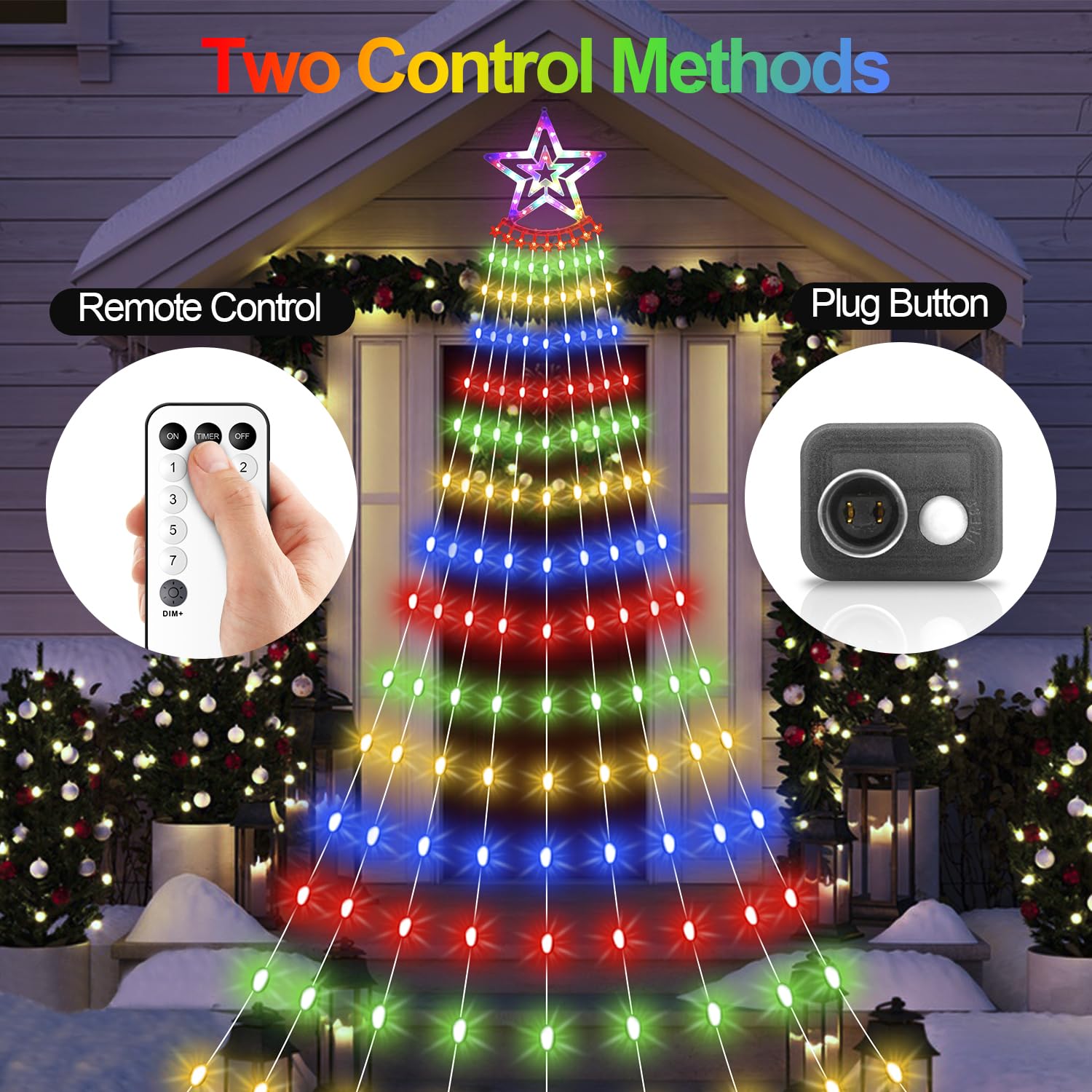 Amipepe Christmas Decorations Star Lights Outdoor, 11.48Ft 350 Led Waterfall Tree Lights With 8 Modes Timer Remote Plug In Christmas String Lights For Indoor Yard Patio Home Holiday Party Decor, Multicolor