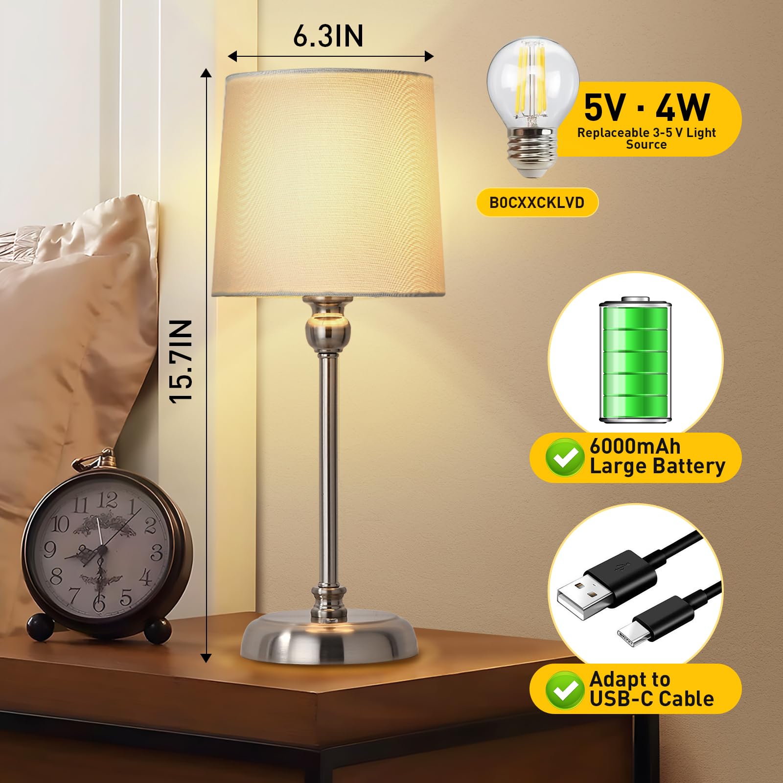 Baizhou Cordless Led Table Lamp, 6000Mah Rechargeable Bedside Small Lamp For Bedroom, Portable Touch Stepless Dimmable Battery Operated Lamp, Ambient Light For Patio Restaurant(Brushed Nickel H)