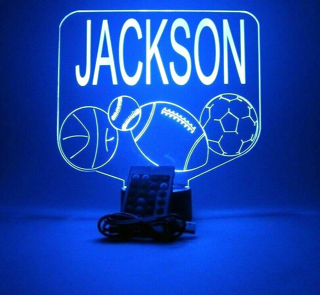 Mirror Mania Sports Array Soccer Ball Baseball Football Basketball With Custom Name Night Light Up Lamp Led Engraved Custom Name Personalized Athletic Table Lamp With Remote, 16 Colors, It'S Wow, Great