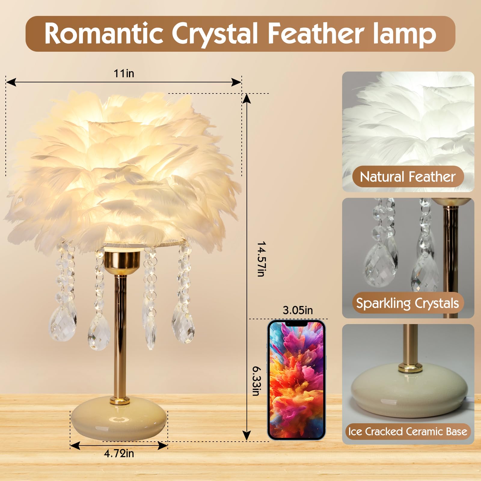 Gpsrsai Smart Feather Lamp Enchanting Rgb Dimmable Crystal Table Lamp Cute Princess Desk Light Small Led Bedside Lamp For Girls Room (White)