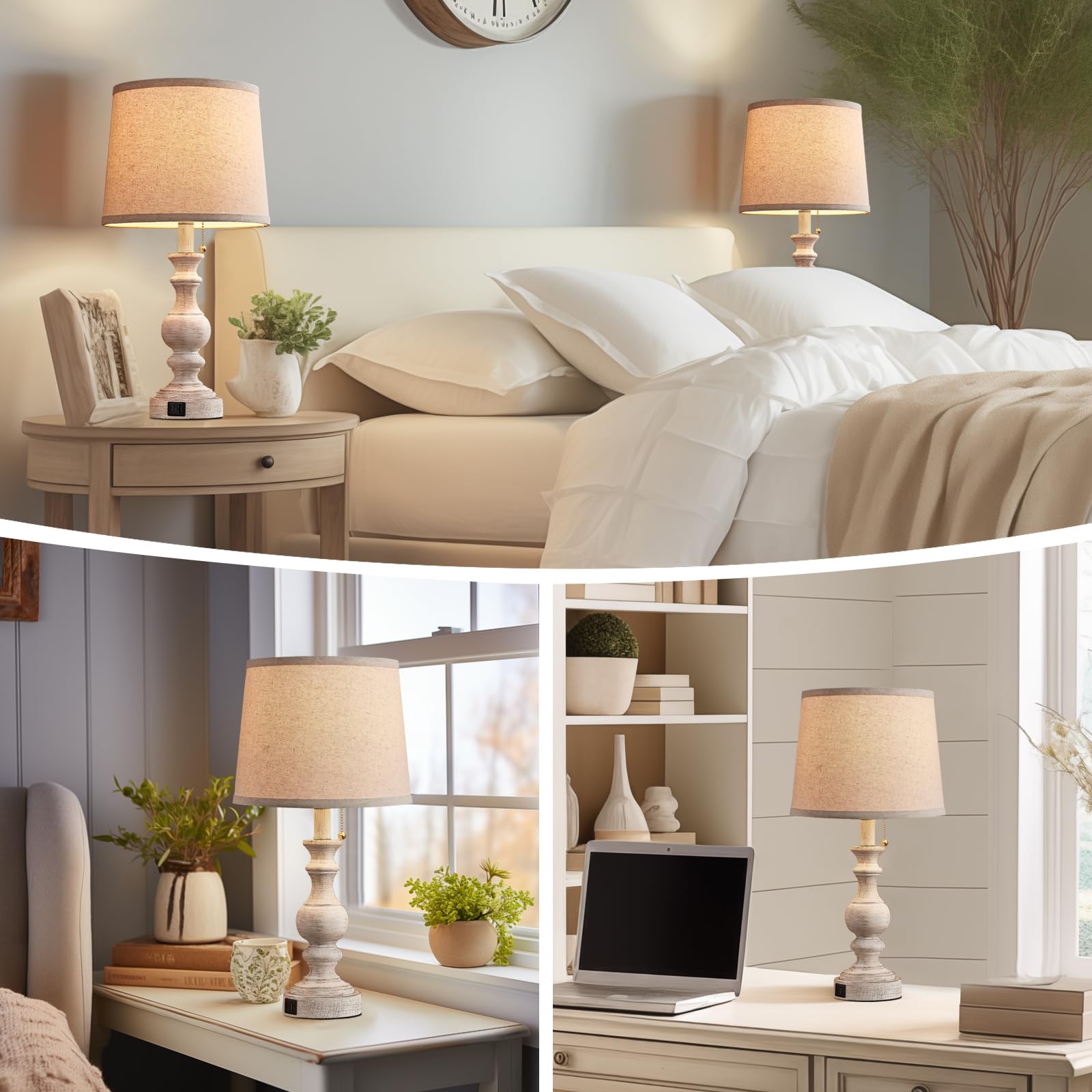 Booucuu Table Lamp For Bedroom Set Of 2 Farmhouse Bedside Lamps For Nightstand With Usb C+A Charging Ports Traditional Table Lamps For Living Room - Pull Chain Switch, Bulbs Not Included