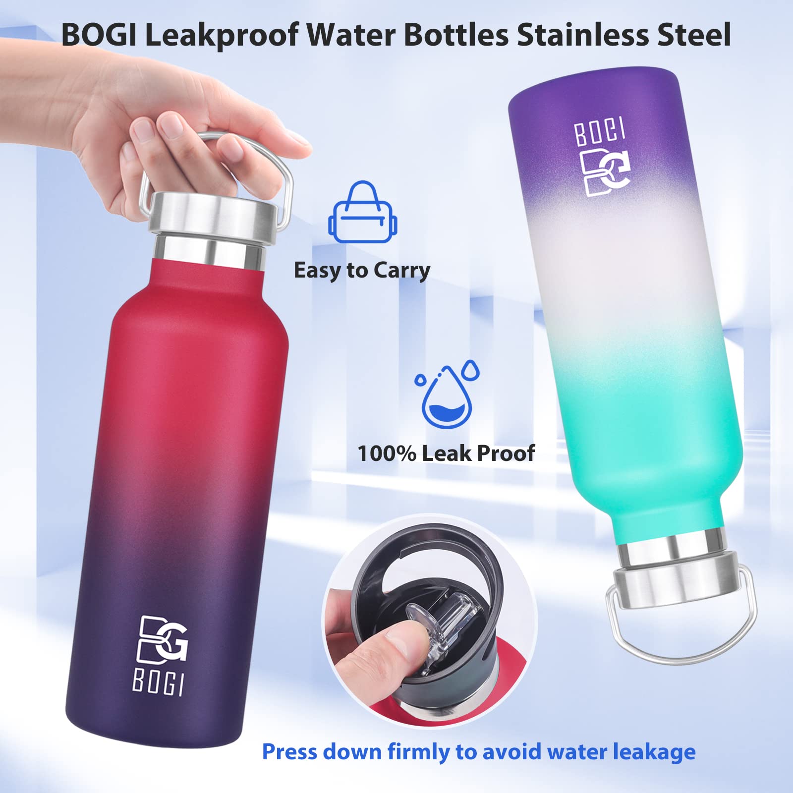 Bogi Insulated Water Bottle 24Oz, Wide Mouth Stainless Steel Water Bottles Leakproof Metal Water