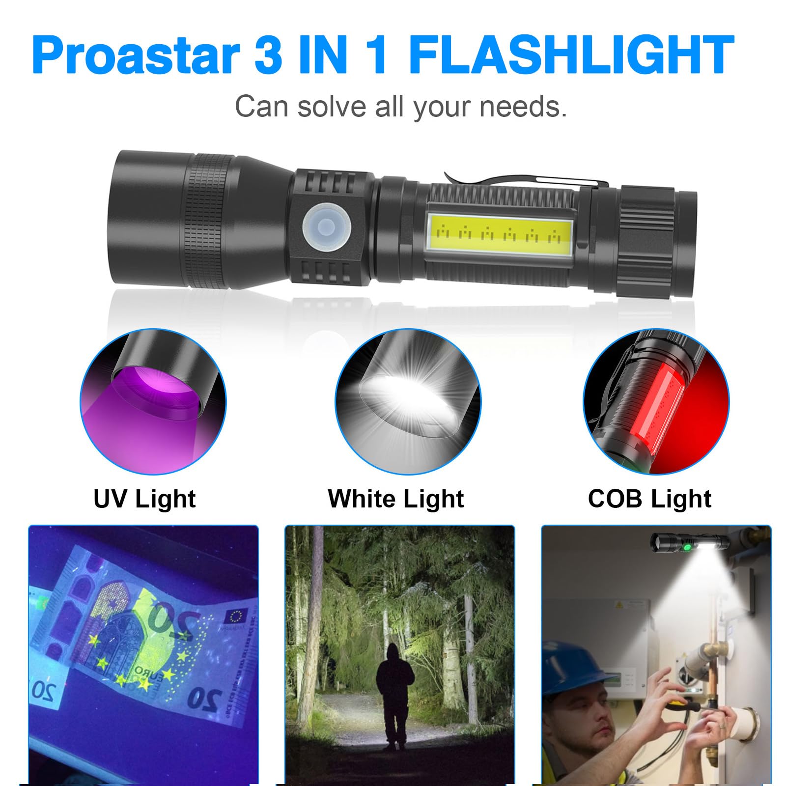 Proastar Rechargeable Uv Flashlight, 3 In 1 Uv Led Tactical Flashlight, Magnetic Led Flashlight With Pocket Clip, 7 Modes, Zoomable, Black 016-2Pack 016-2 016-2