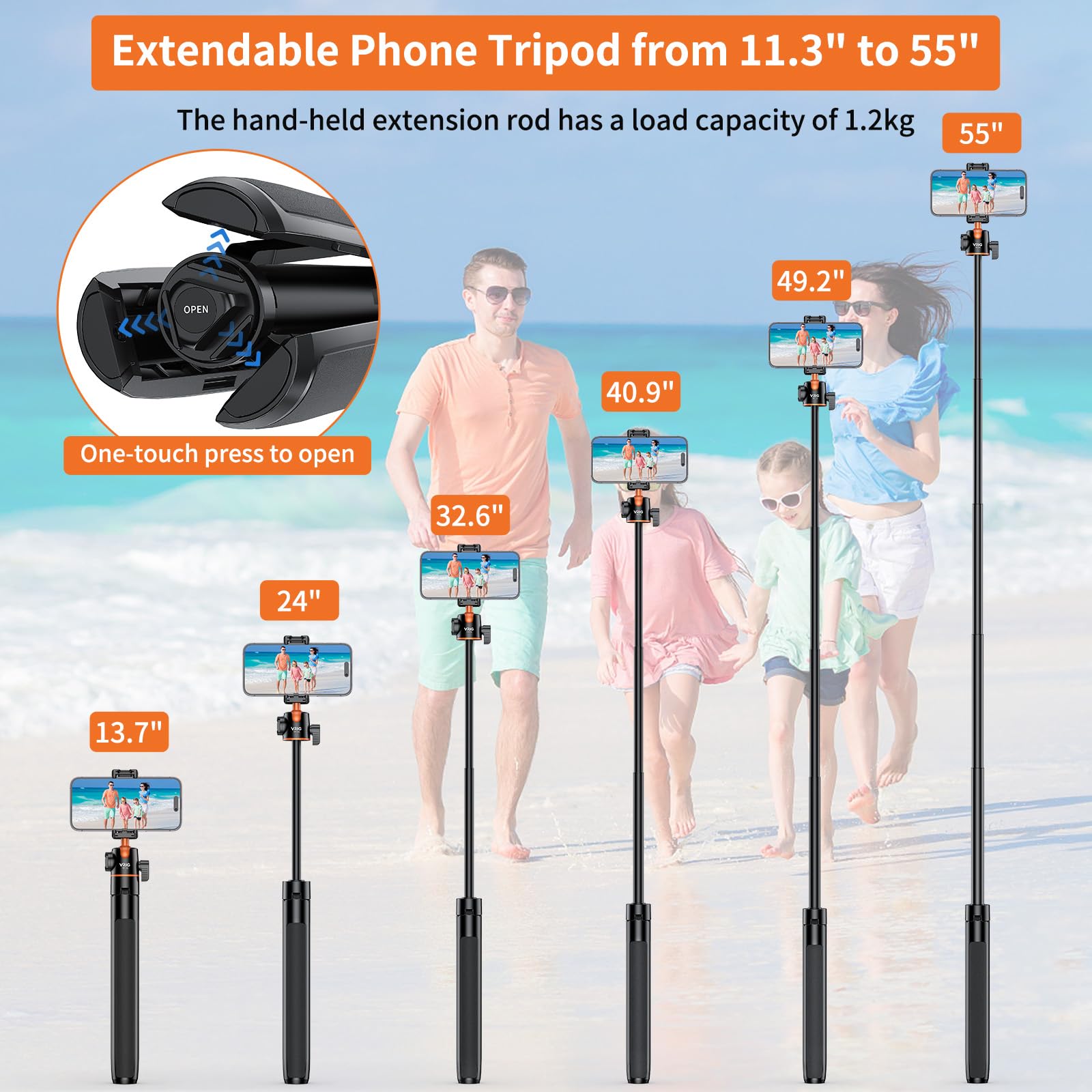 Uurig Vrig 55" Extendable Phone Tripod, 2-In-1 Selfie Stick With Phone Clip And Rotatable Cold Shoe, 360° Ball Head Portable Travel Tripods For Camera, Iphone, Action Cameras, Tp-16