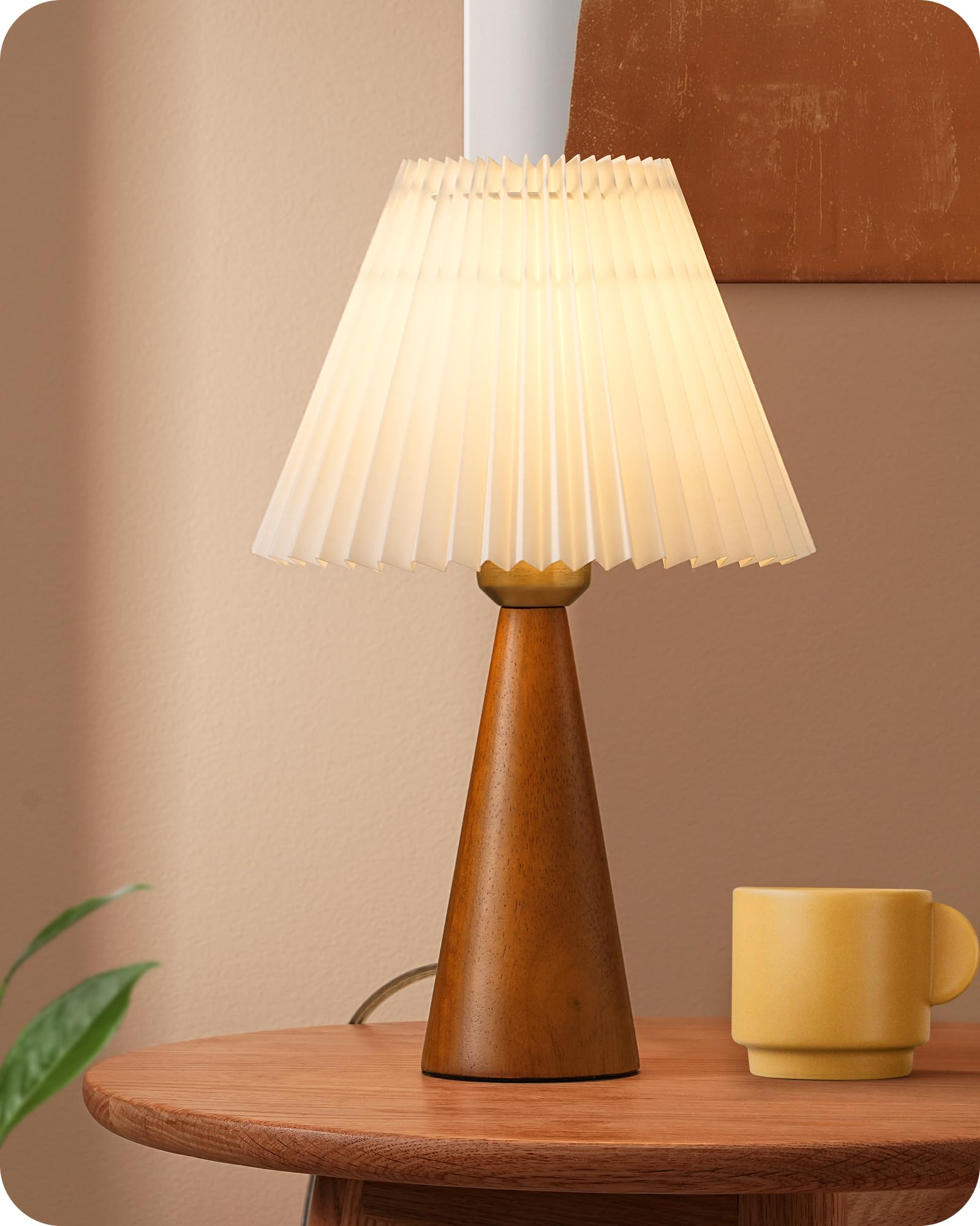 Edishine 13.58" Small Table Lamp, Wooden Base Nightstand Lamp, White Pleated Lampshade, Space-Saving Modern Bedside Lamp For Nursery Kids Room Bedroom Living Room, E26, On-Off Button, Dark Rosewood