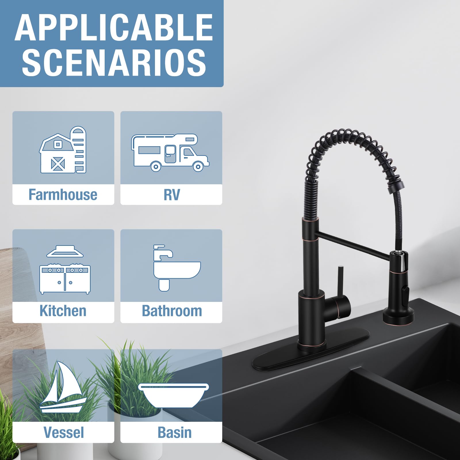 Djs Kitchen Faucets With Pull Down Sprayer Oil Rubbed Brozone -Single Handle 1 Or 3 Holes Spring Kitchen Sink Faucet With Deck Plate For Farmhouse Rv Vessel Basin