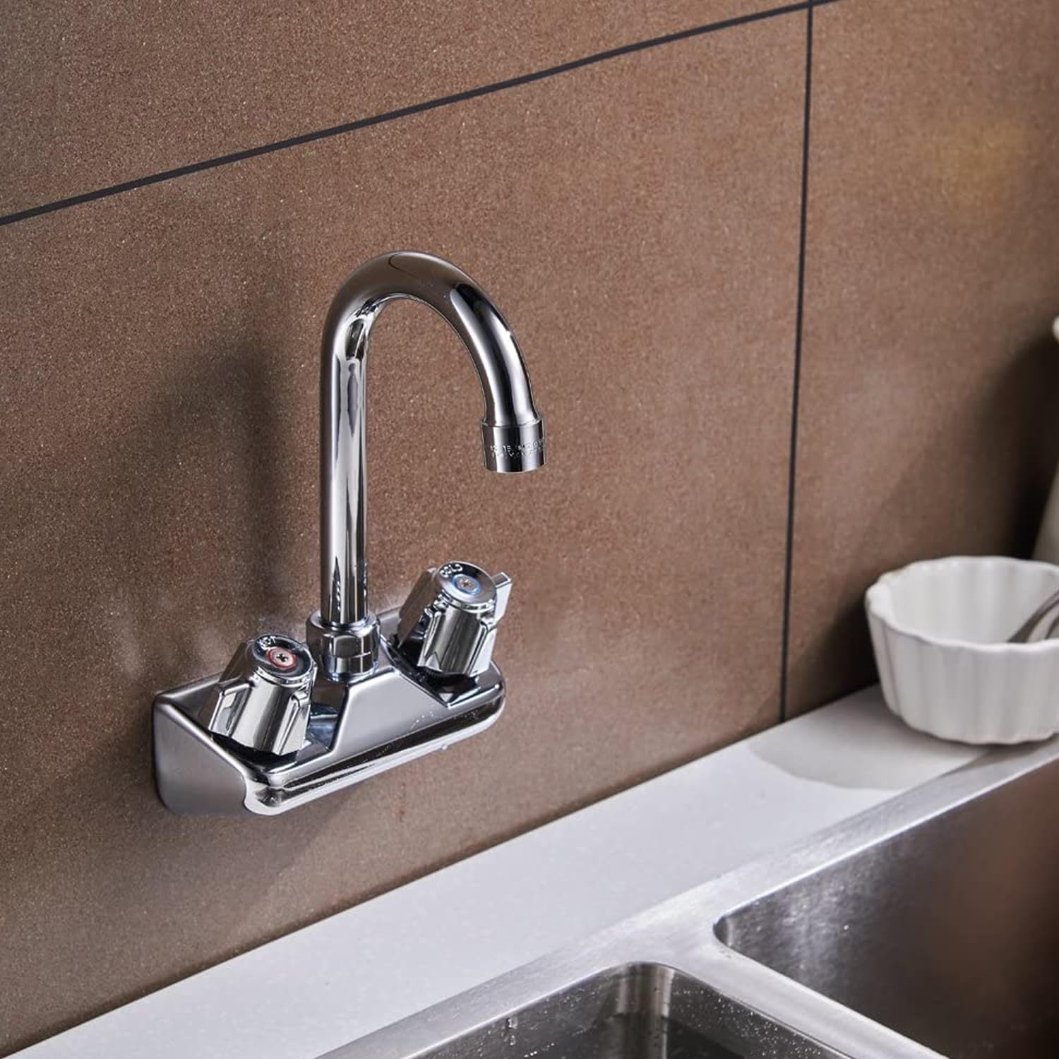 Bwe Commercial Kitchen Faucet Wall Mount 2 Handle Kitchen Sink Faucet 4 Inch Center Sink Faucet With Swivel Gooseneck Spout For Utility Laundry Restaurant Mixer Tap Chrome