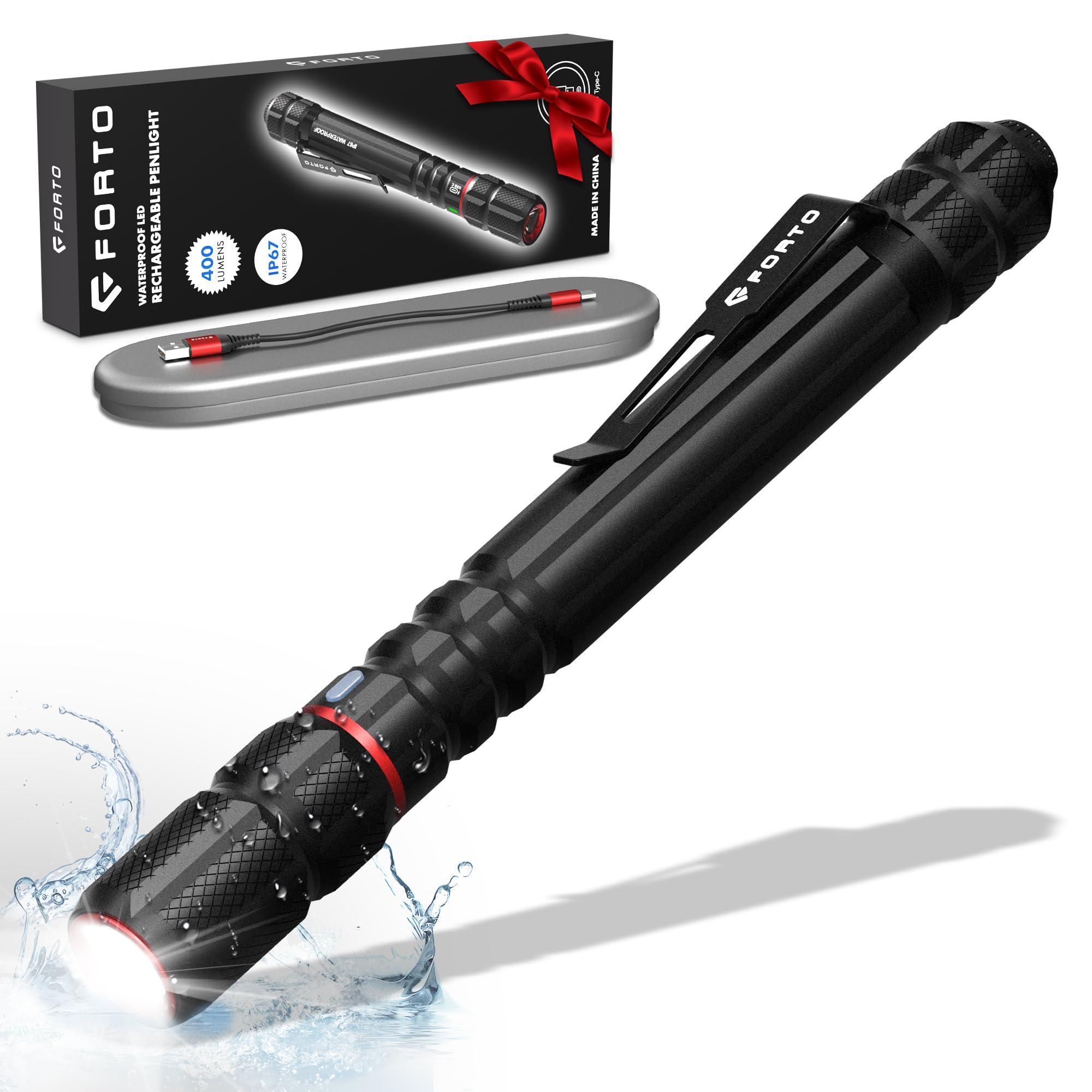 Forto Rechargeable Pen Light Flashlight, 400 Lumens Small Pocket Flashlight With Clip, Ip67 Waterproof, 2 Light Modes, 3-Color Battery Indicator, Type-C Charging, For Inspection,Emergency（1 Pack）