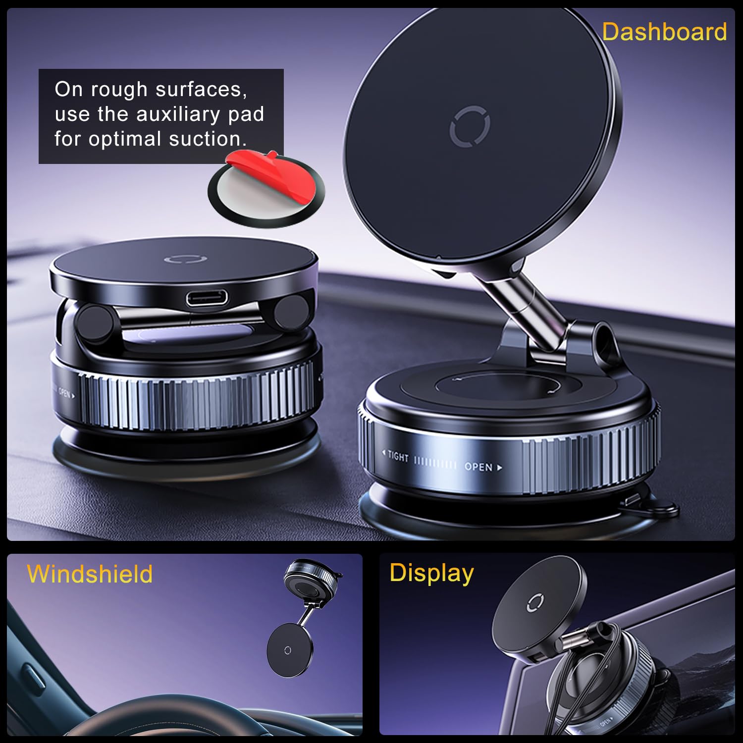 Jkoailiwi 15W Wireless Charger Vacuum Magnetic Phone Holder For Magsafe, 360° Adjustable Suction Cup Phone Mount For Car Dashboard/Windshield, Vacuum Magnet Stand For All Smartphones