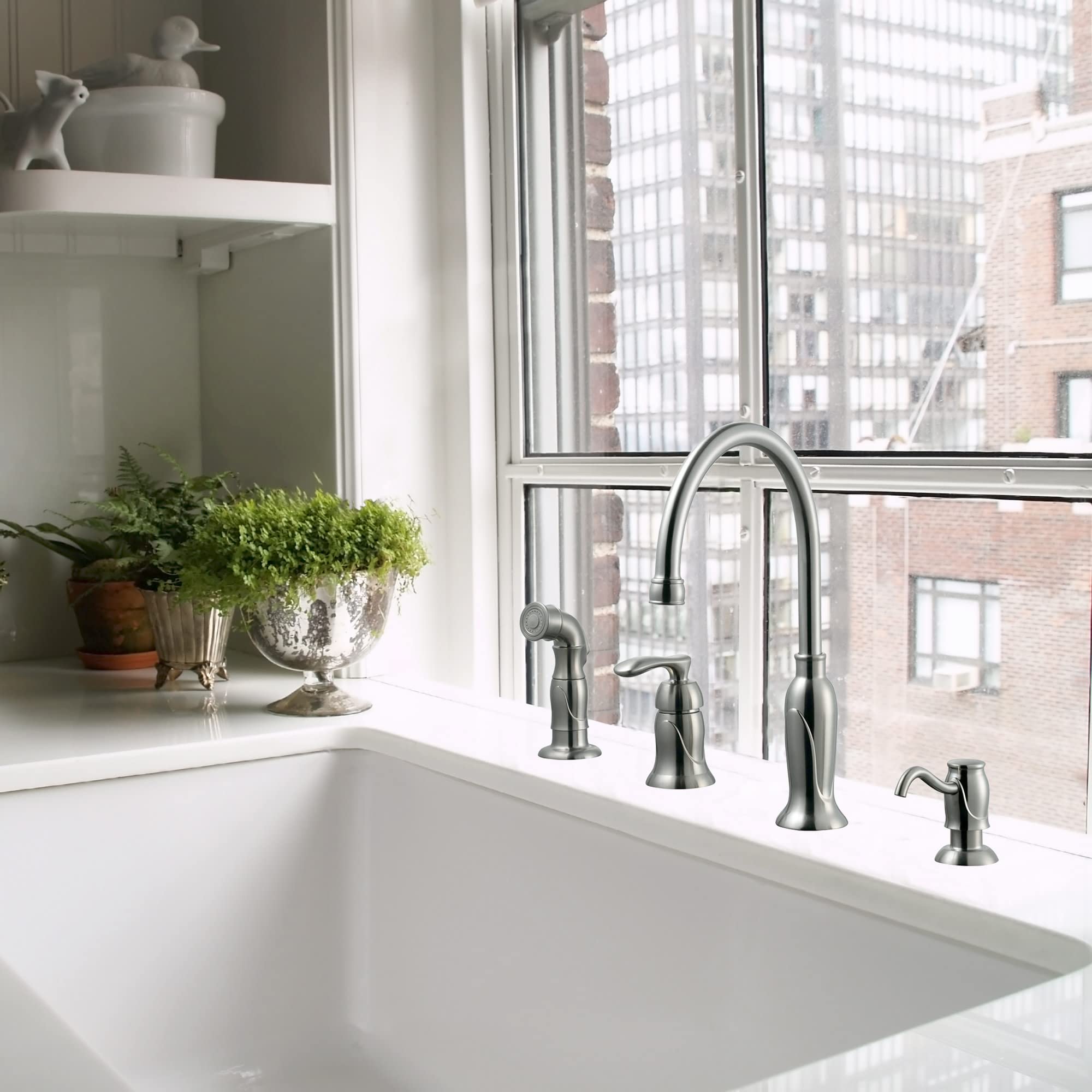 Design House 525808 Madison Faucet With Side Sprayer & Soap Dispenser In Satin Nickel, 12"