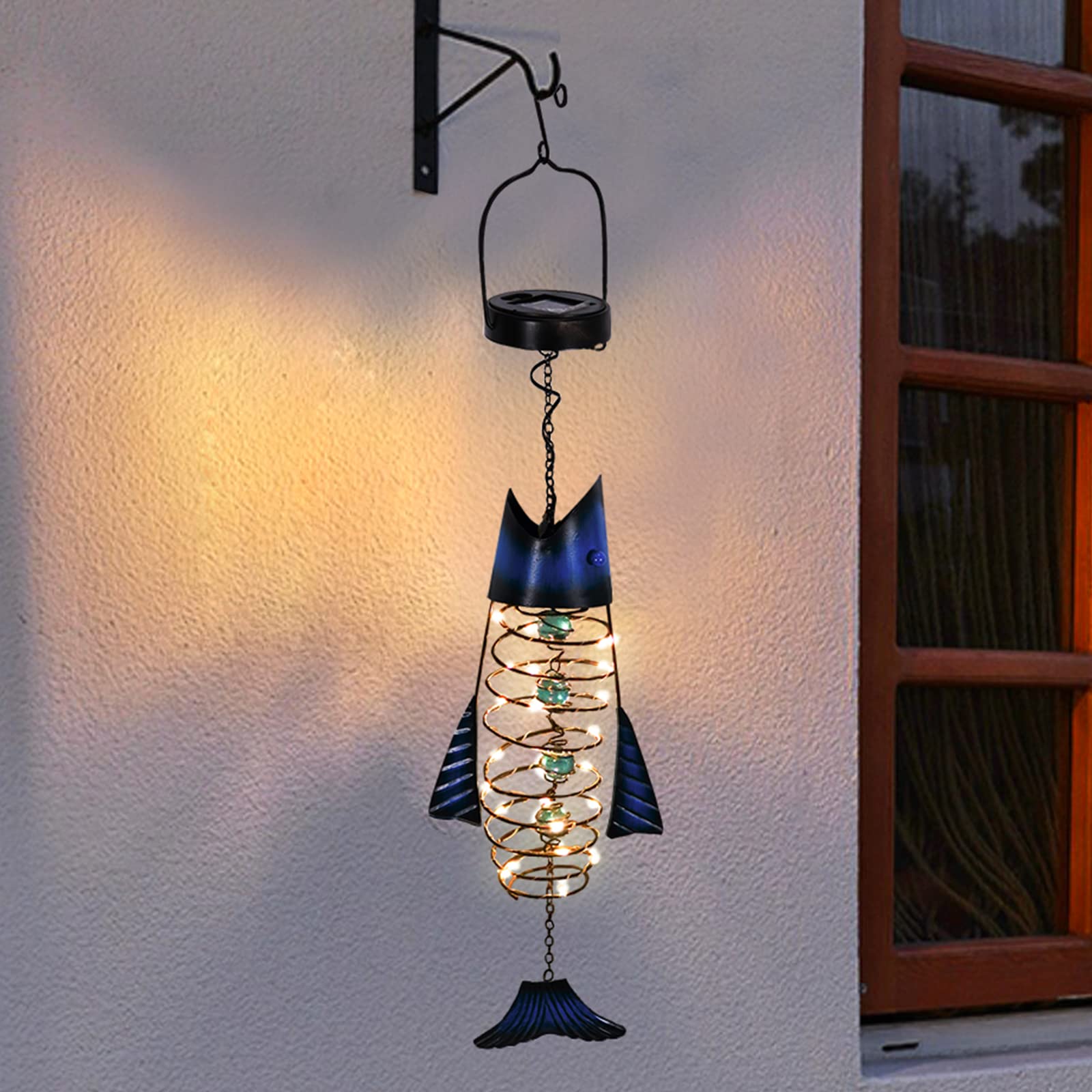 Hongland Outdoor Lights For Patio Garden Decor - Metal Solar Fish Hanging Decoration - Solar Lamp Decorative Yard Art - Pretty Nice Lantern For Man Woman Holiday Gift Ideas  Waterproof Warm Led Lighting