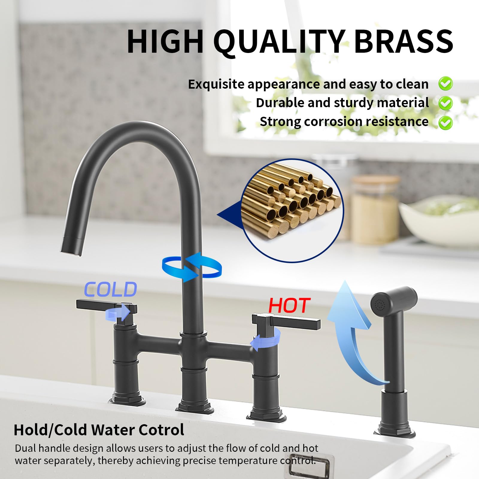 Bwe Brass Kitchen Faucet Bridge Kitchen Sink Faucet With Side Sprayer 2 Handles 4 Hole Farmhouse Kitchen Faucet Deck Mount Matte Black