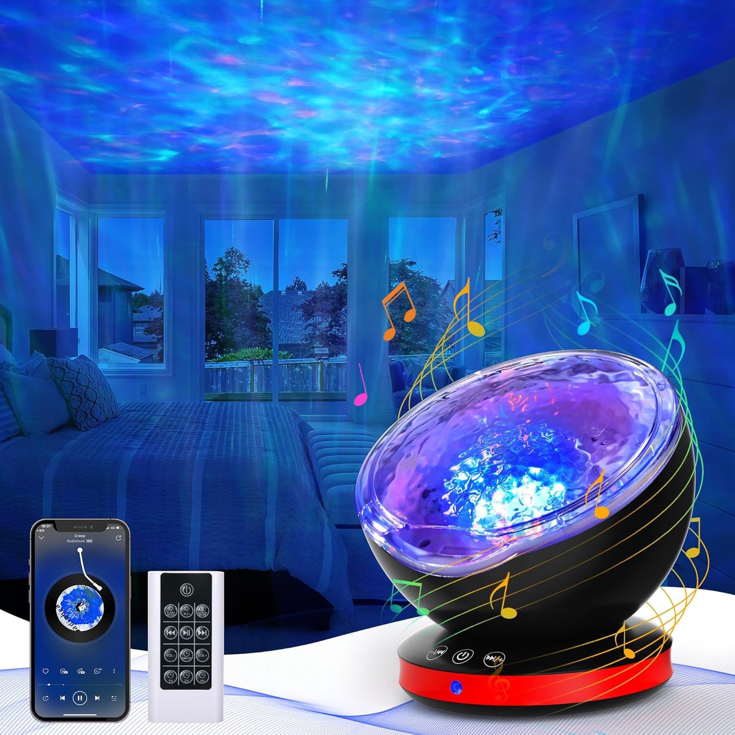 Kiosbibi Ocean Wave Projector, White Noise Night Light For Kids Bedroom, Remote And Timer, Bluetooth Speaker, Color Changing Led Projector Lamp For Adult Room Home Decor