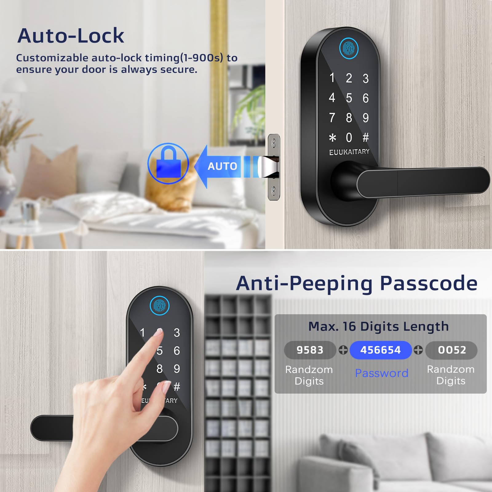 Euukaitary Fingerprint Door Lock, Keyless Entry Door Lock, Smart Locks For Front Door, Built-In Wifi, App Remote Control, Digital Keypad Code Unlock, Auto-Lock, Electronic Deadbolts With Handle