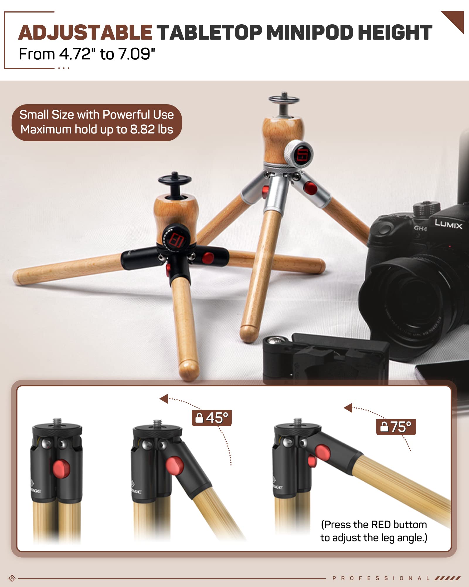 Ifootage Timberpod Mini Tripod, Small Camera Tripod With 1/4" Screw, Professional Tabletop Tripod For Dslr Camera, Mobile Phone And Action Cameras, Handheld Mini Tripod Wood（Sliver）