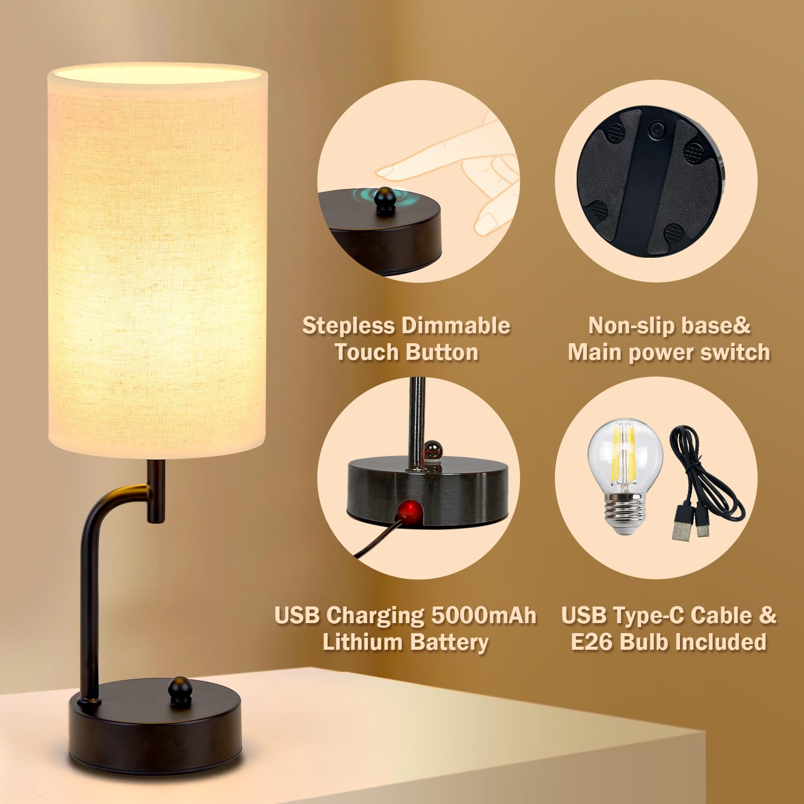 Dreamholder 2 Pack Cordless Bedside Table Lamp, 5000Mah Rechargeable Battery Operated Touch Desk Lamp, 3 Way&Stepless Dimmable Portable Nightstand Lamp For Bedroom/Office, Bulb Included, Black