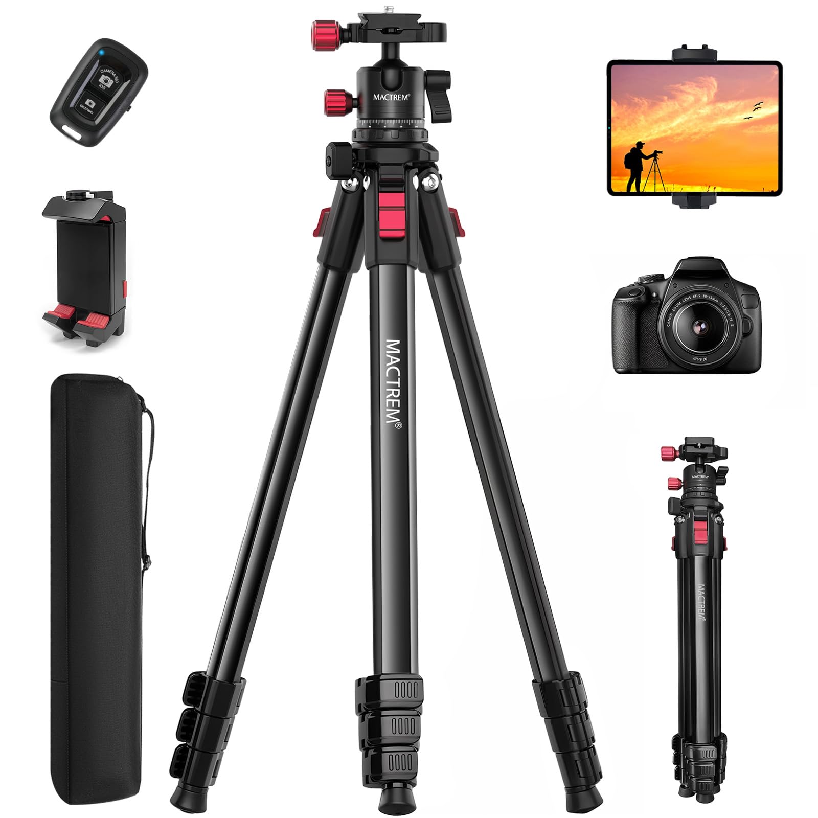 Mactrem Camera Tripod, 67 Inch/170Cm Travel Tripod & Monopod With 360°Ball Head, Heavy Duty Tripod For Smartphone Ipad Canon Nikon Sony Binoculars