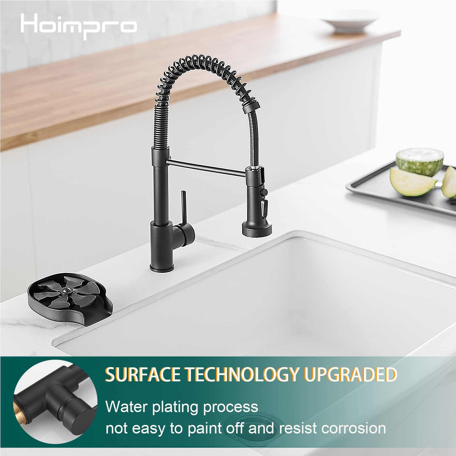 Hoimpro Matte Black Spring Kitchen Faucet With Pull Down Sprayer, Rv Kitchen Sink Faucets With Pull-Down Sprayer, 3 Function Single Handle Laundry Faucet