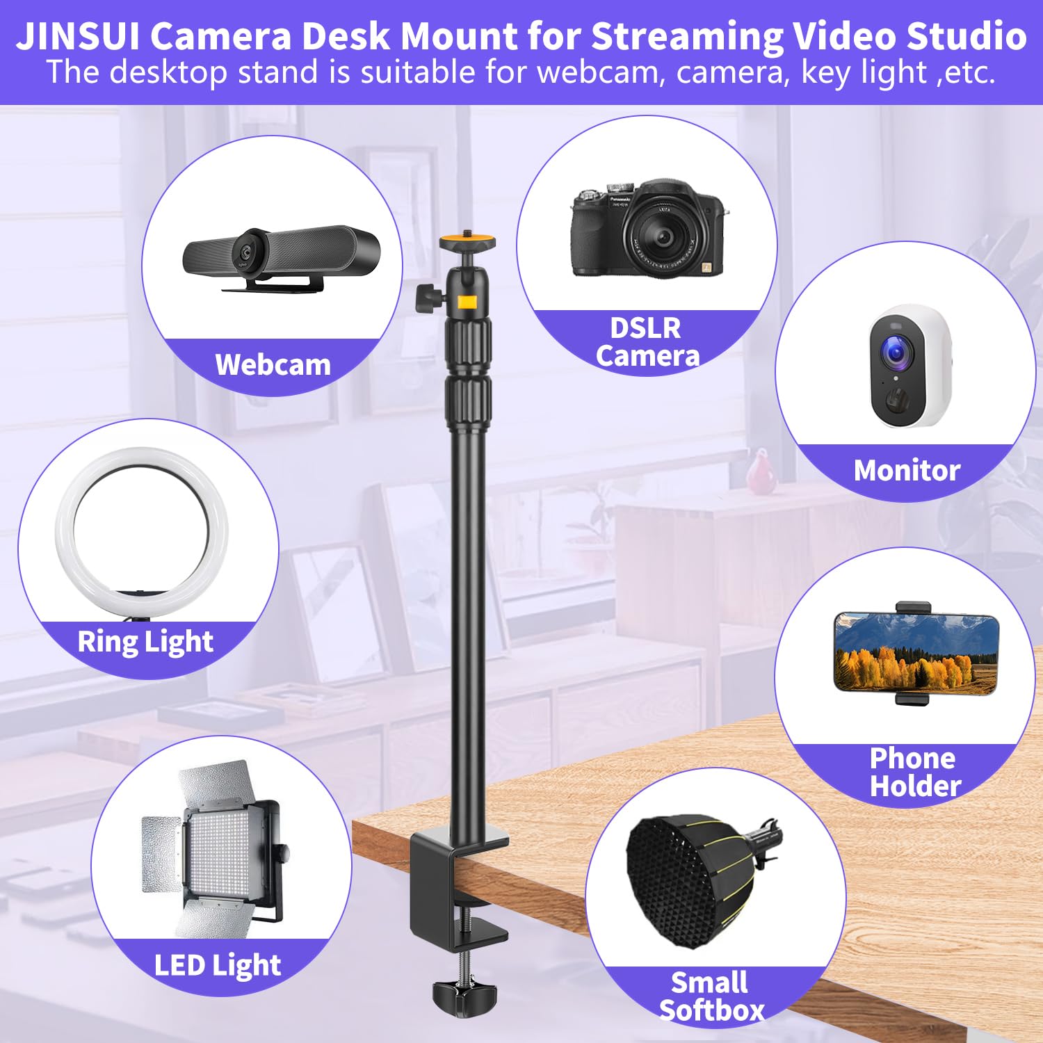 Jinsui Camera Desk Mount Webcam Stand With 360° Ball Head, Adjustable Table Light Stand 14"-33", Tabletop C Clamp For Dslr Camera, Ring Light, Live Streaming, Photo Video Studios