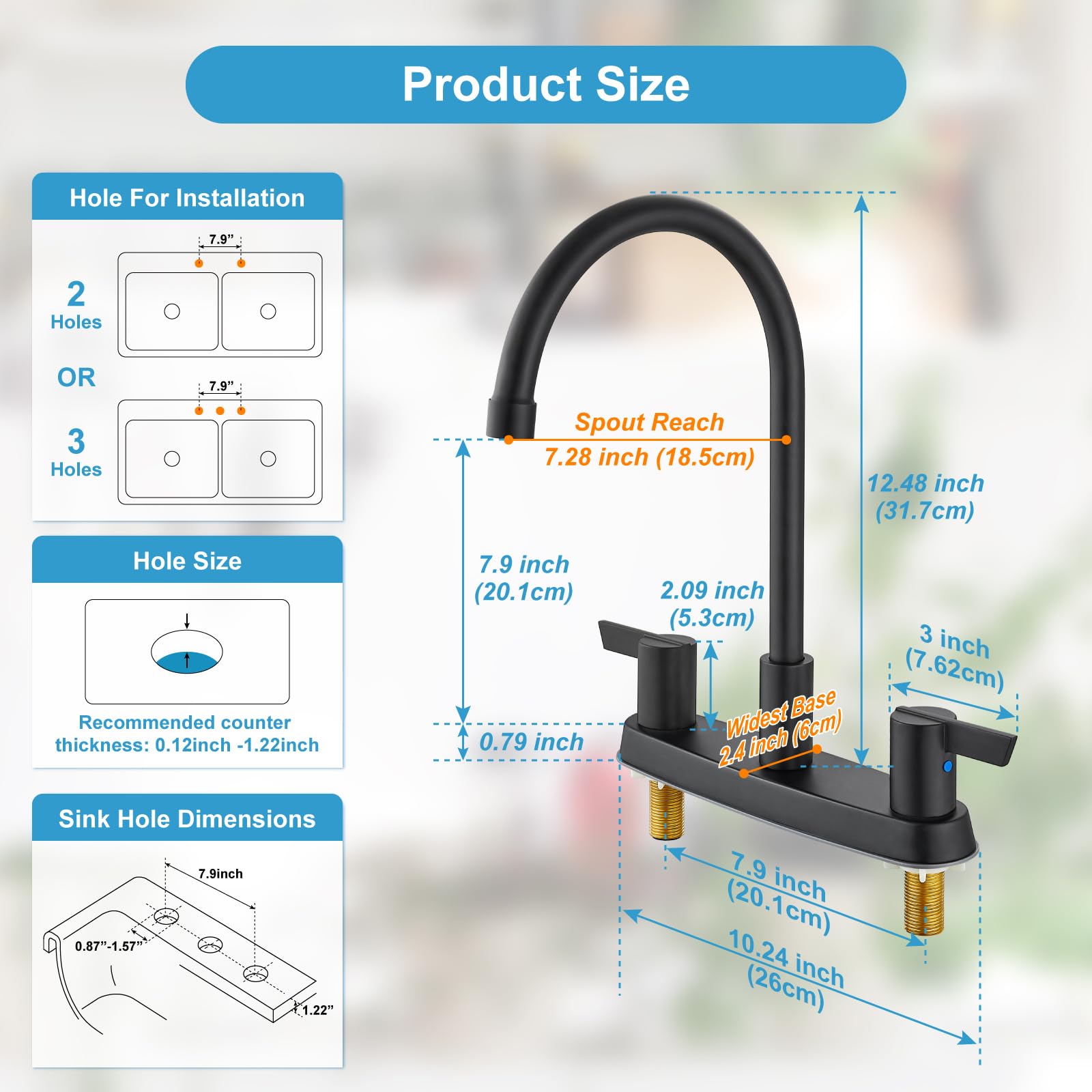 Cinwiny 3 Hole Kitchen Faucets 2 Handle Rv Kitchen Sink Faucet High Arc 360°Rotating Spout 8 Inch Kitchen Faucet Without Side Sprayer,Matte Black