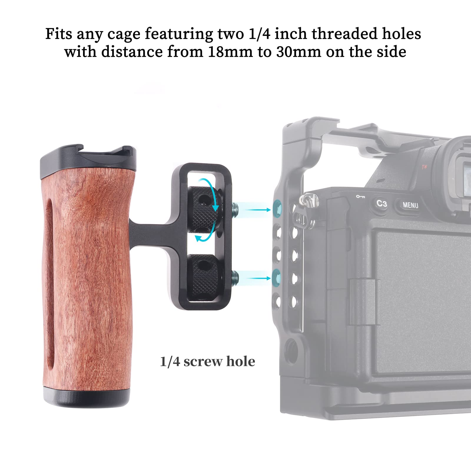 Focusfoto Wooden Side Handle Grip Left/Right Handgrip With 1/4"-20 & 3/8"-16 & Cold Shoe Mount Universal For Dslr Mirrorless Camera Cage Rig Video Led Light (Standard Version)