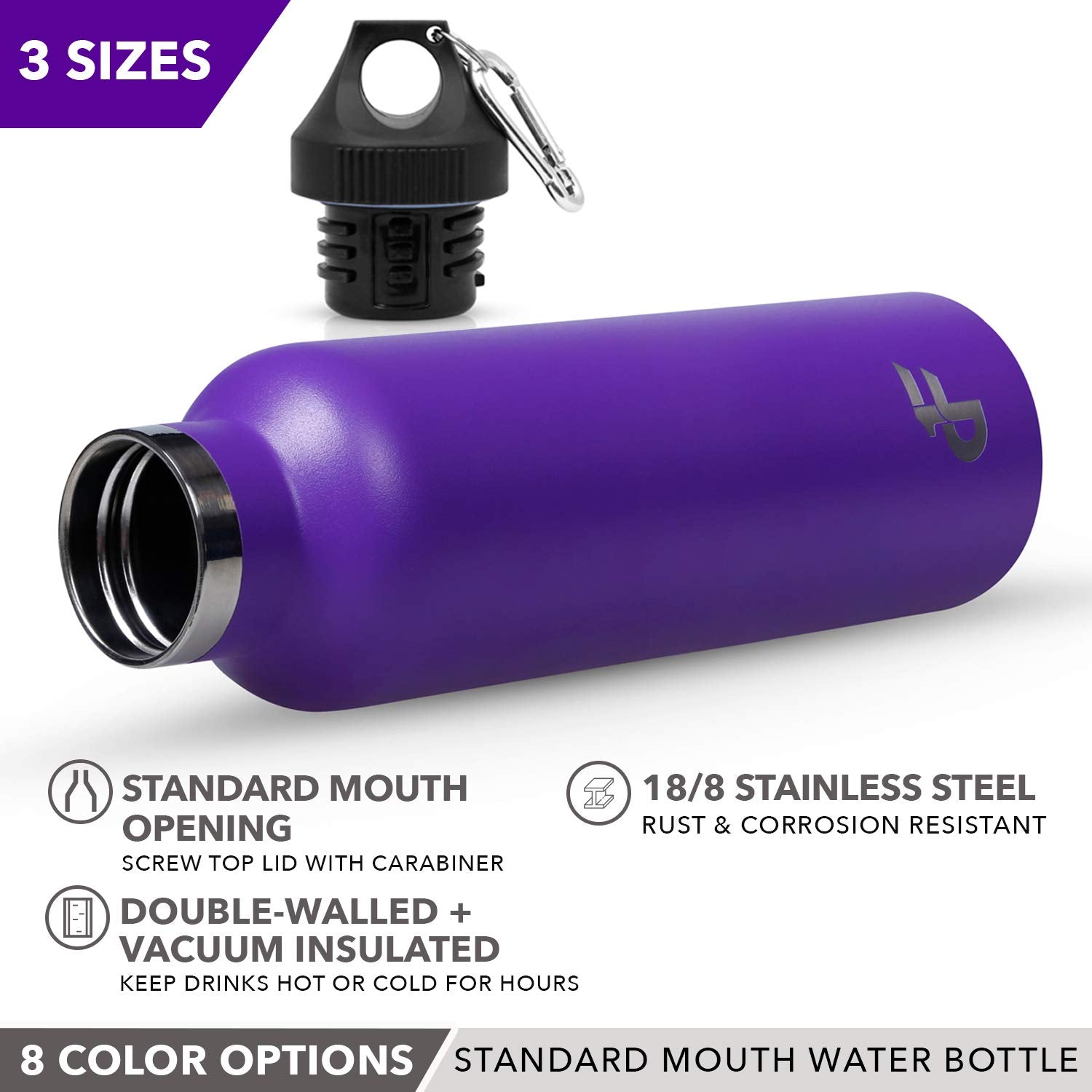 Day 1 Fitness Stainless Steel Water Bottle Standard Mouth, Carabiner Clip (16, 24, Or 32Oz) 3 Size