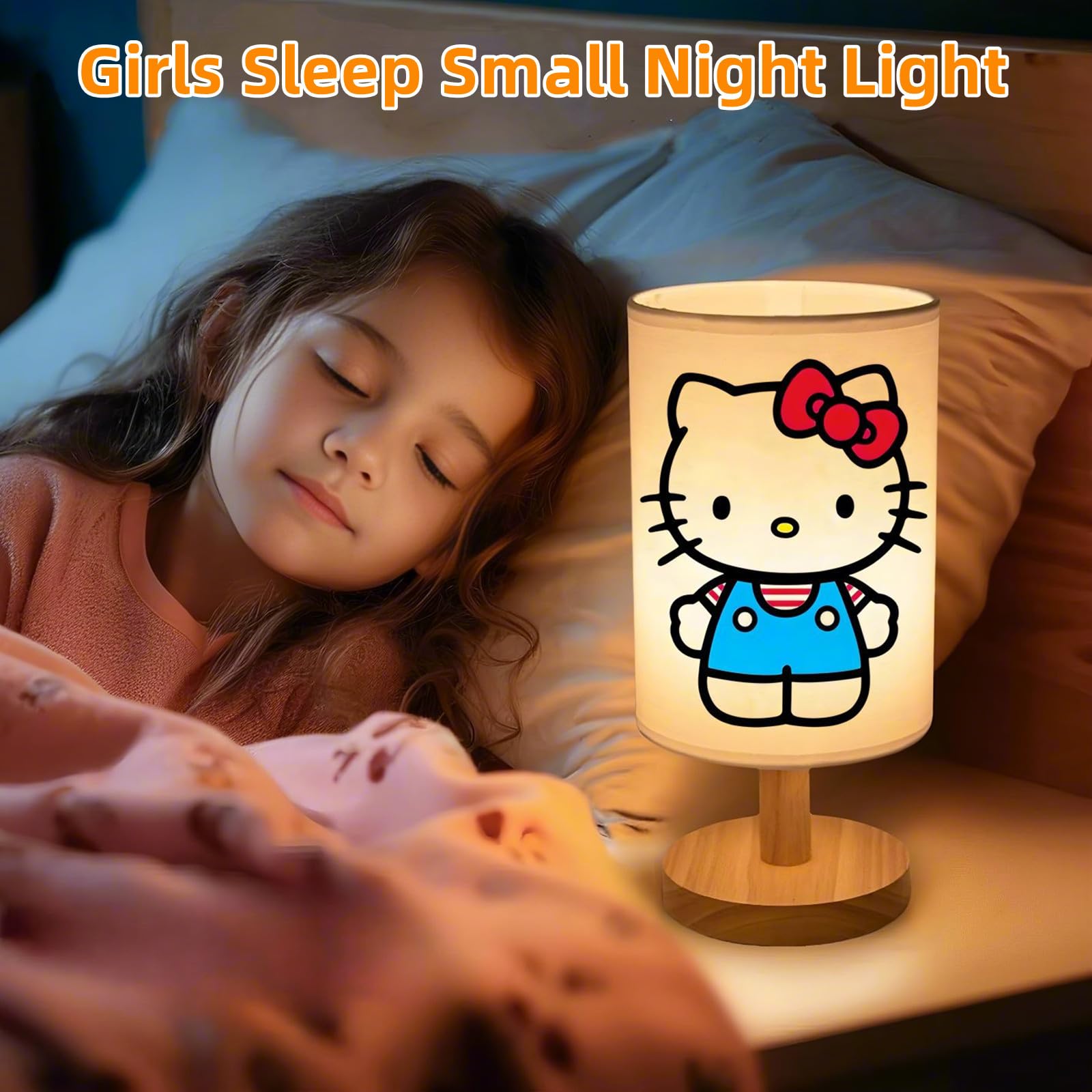 Dai-Congyue Kitty Bedside Table Lamp For Bedroom,Kitty -3 Colors Nightstand Night Light Lamp With Led Bulb,Wood Base Round Flaxen Fabric Shade Desk Reading Lamp For Kids Room,Holiday For Girls Boys (B)