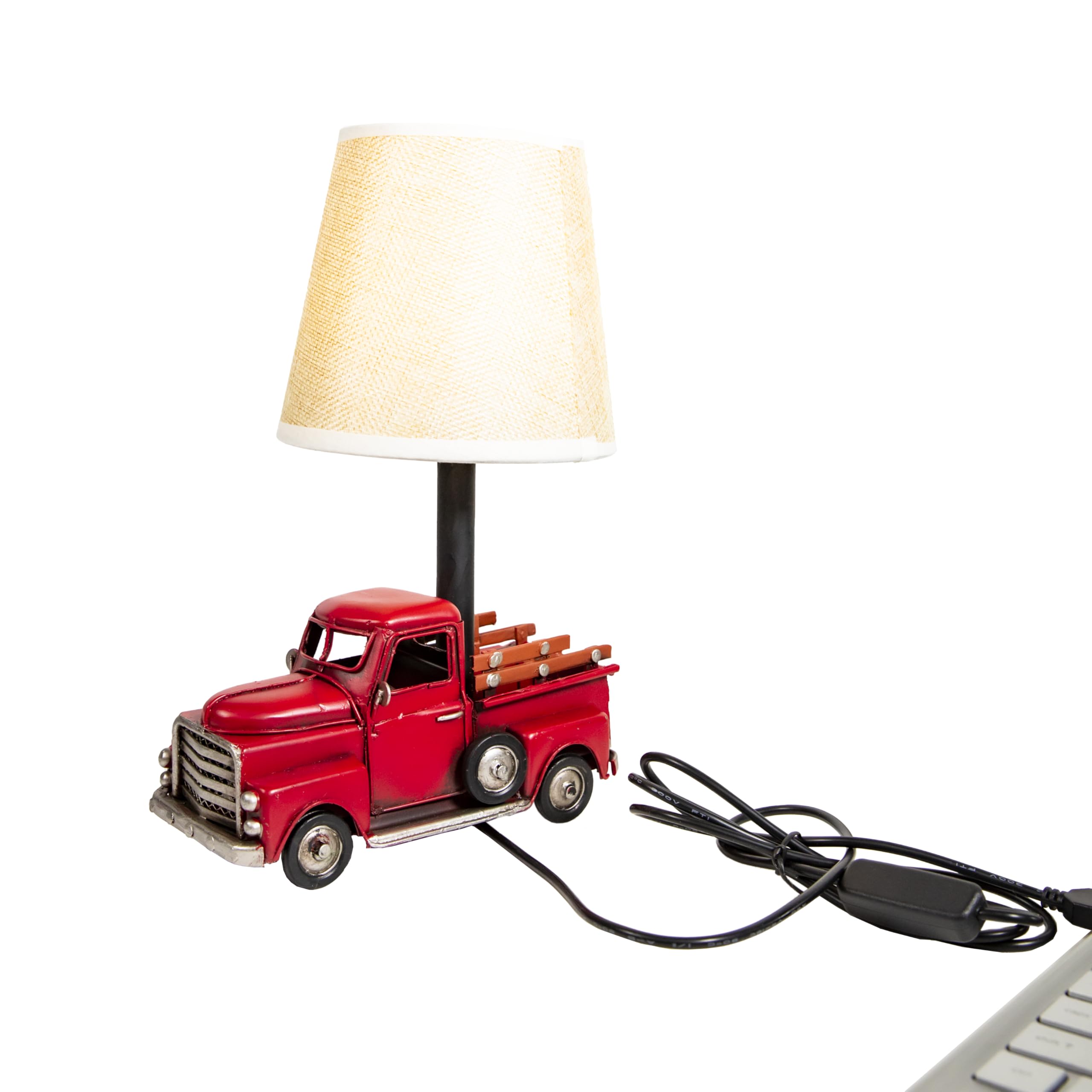 Ychtewy Ychtewy-Unique Rustic Red Vintage Truck Usb Table Lamp With Burlap Shade,Cozy Night Light,Compact & Durable, Perfect For Desktops, Side Tables, Or Shelves,6.7 X 4.7 X 6.7 Inches