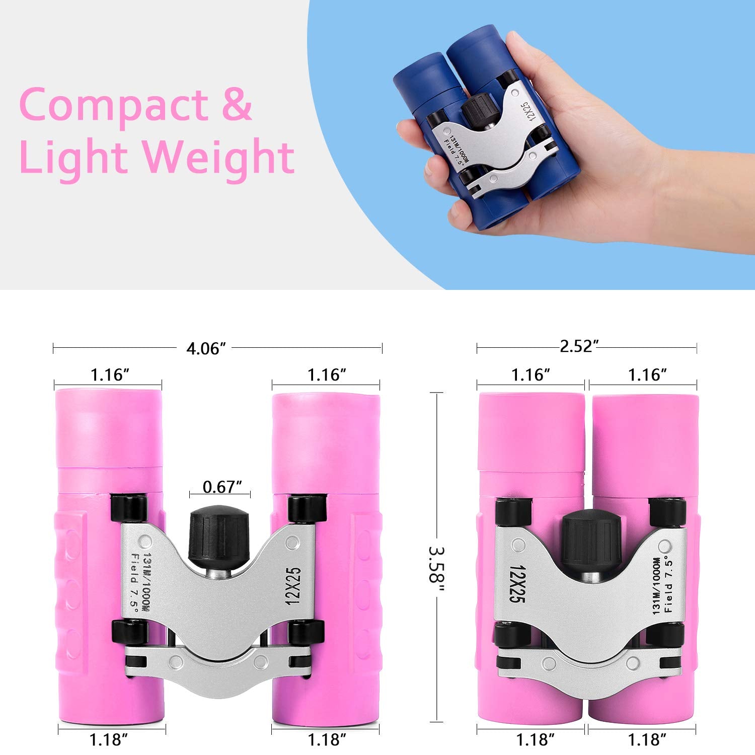 Wrnrn Compact High Resolution Shockproof Binoculars 12X25 Real Optics Small Lightweight Binoculars For Bird Watching, Camping, Hiking, Children, Boys, Girls 8-12 (Pink)