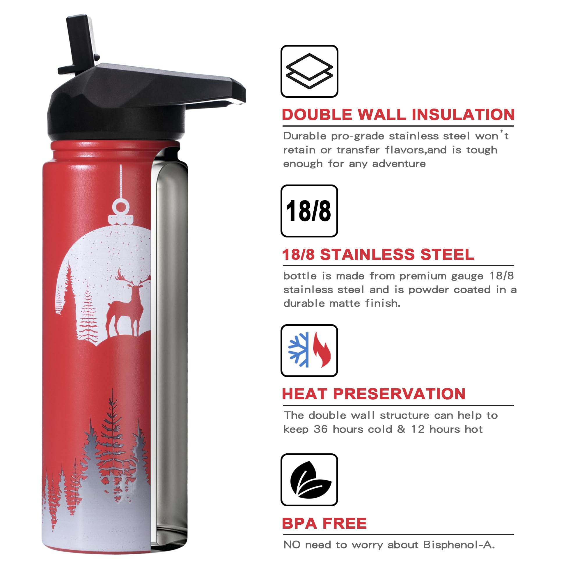 24 Oz Christmas Water Bottle With Straw - Insulated Stainless Steel Reindeer Tumbler For Running