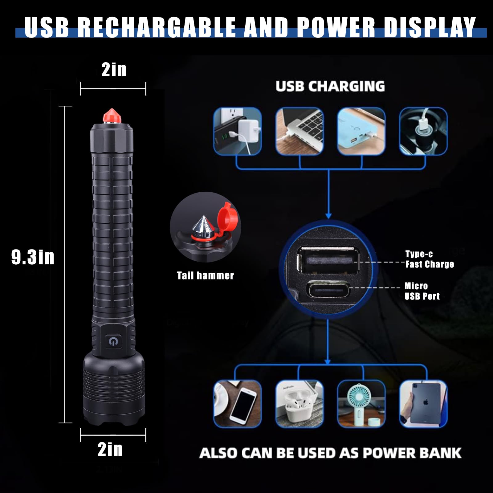 Helmut Rechargeable Led Flashlights 12000 Lumens Flashlight 9.3In Handheld Flashlights Ip44 Waterproof Zoomable 5 Modes Waterproof Flash Lights For Emergency, Outdoor, Home, Camping, Hiking(Battery )