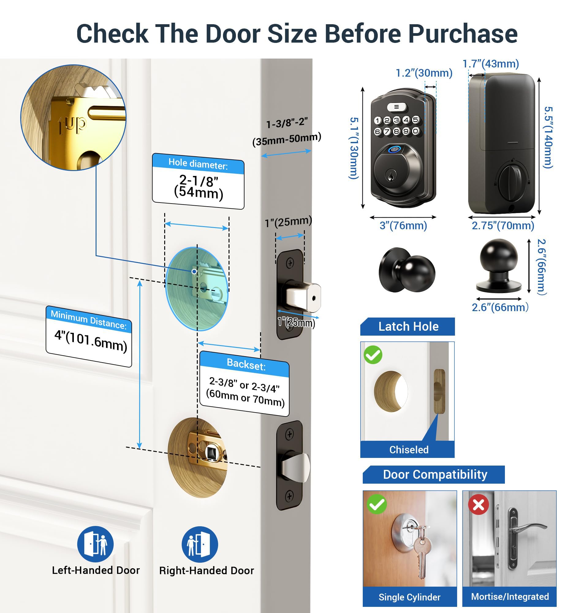 Veise Fingerprint Door Lock With 2 Knobs - Keyless Entry Door Lock With Handle, Electronic Keypad Deadbolt, Smart Front Handle Set, Auto-Locking, Waterproof, Easy Installation, Matte Black