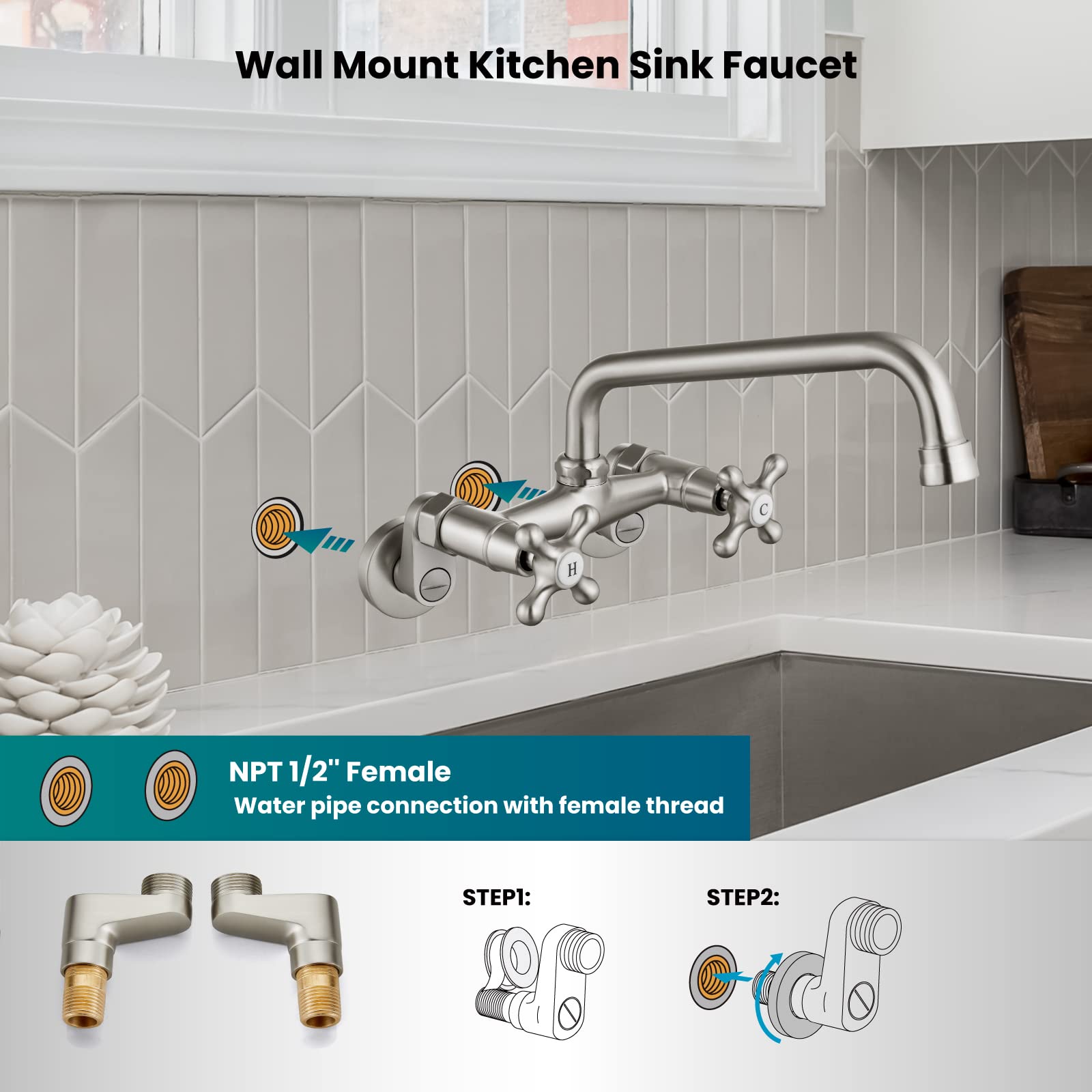 Gotonovo Wall Mount Kitchen Faucet Brushed Nickel Double Cross Handle Commercial 3 Inch To 9 Inch Adjustable Spread Mixer Tap With 9 Inch Spout Reach