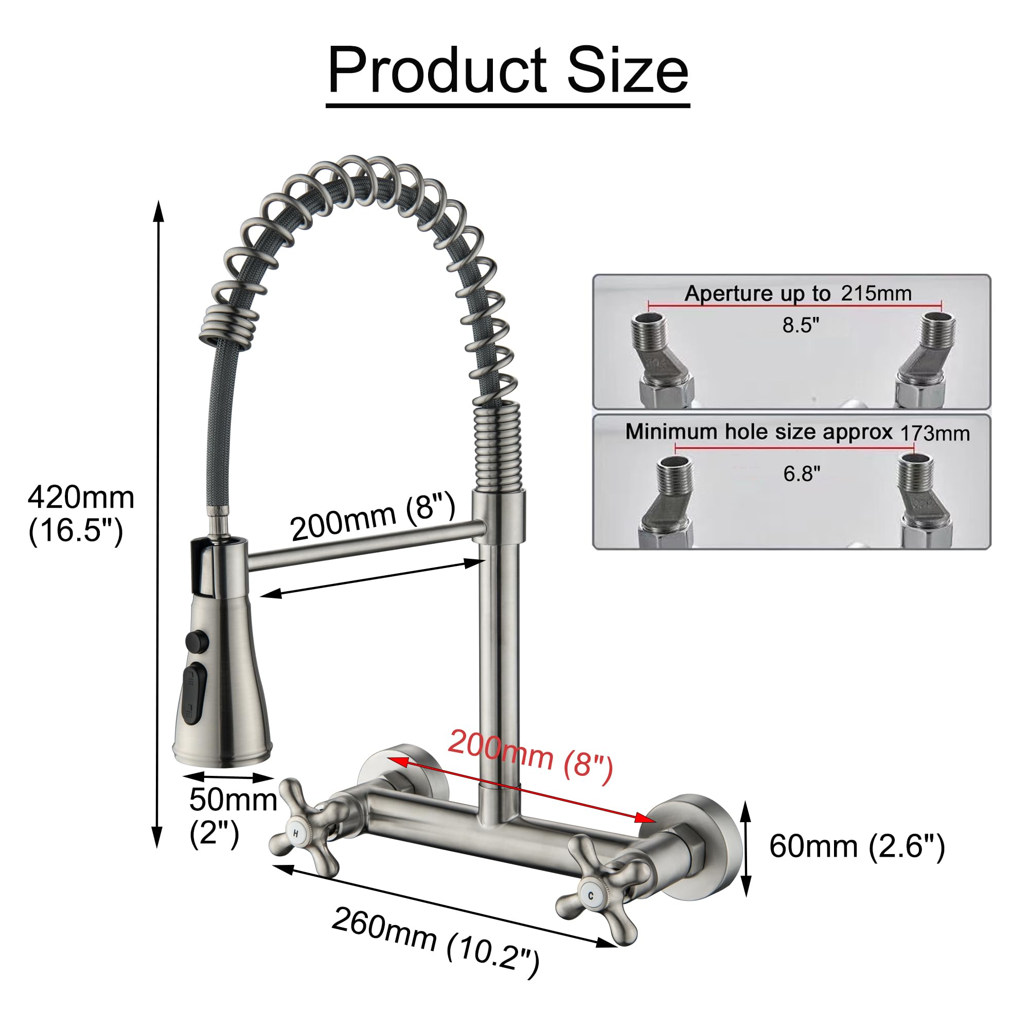 Beiyi Wall Mount Kitchen Faucet, Wall Mounted 8 Inches Center Kitchen Sink Faucet With 3 Functions Sprayer Wall Kitchen Faucets, Brushed Nickel