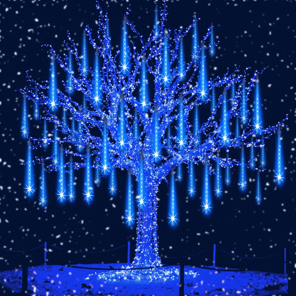 Aukora Christmas Lights Outdoor，Led Meteor Shower Lights 11.8 Inch 8 Tubes 192Leds Rain Drop Light, Icicle Snow Falling Light For Christmas Tree Halloween Party Holiday Thanksgiving Decoration(Blue)