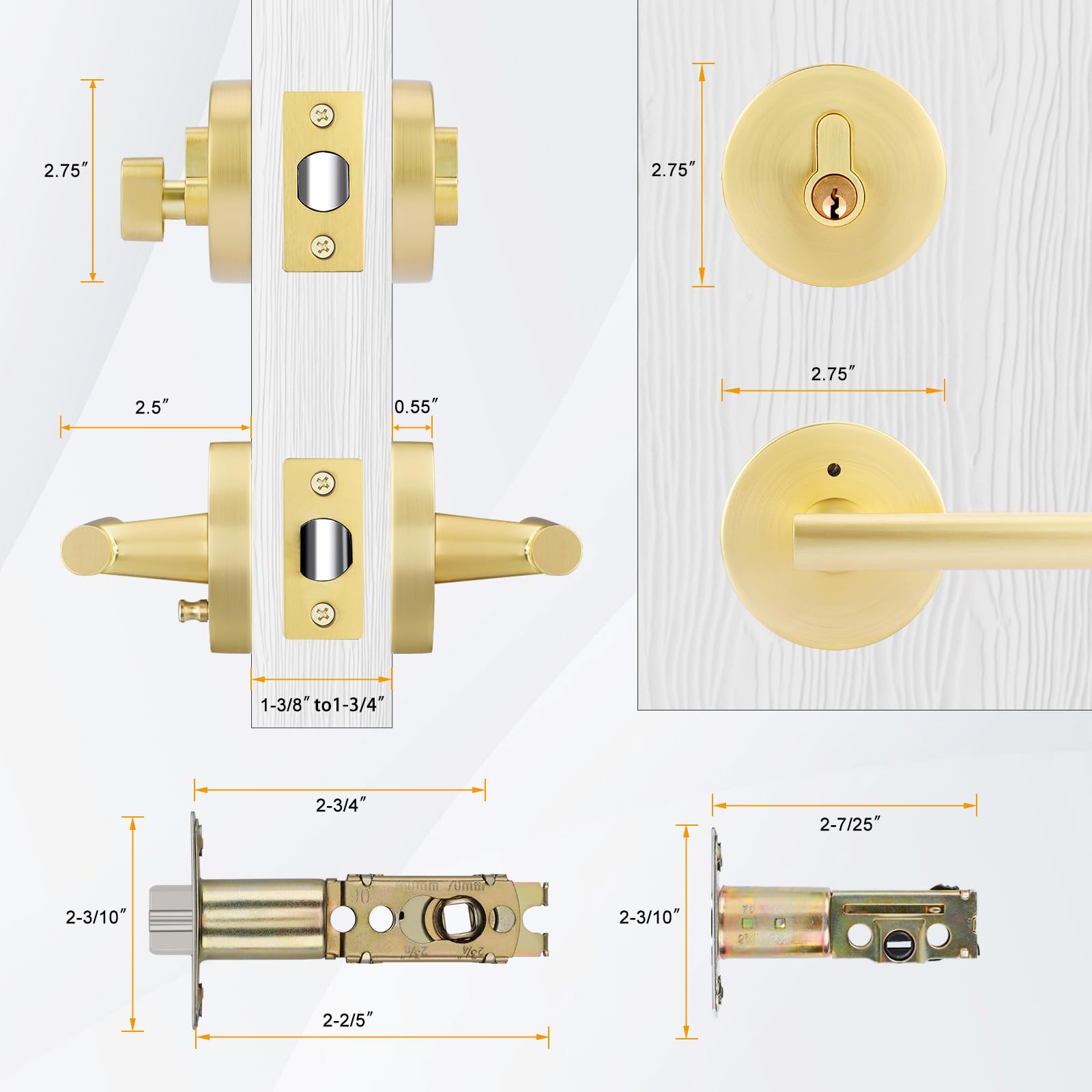 Haidms Gold Exterior Door Lock Set With Deadbolt, Brushed Gold Front Door Handle, Keyed Alike Entry Locksets, Heavy Duty Zinc-Alloyed Front Door Lock