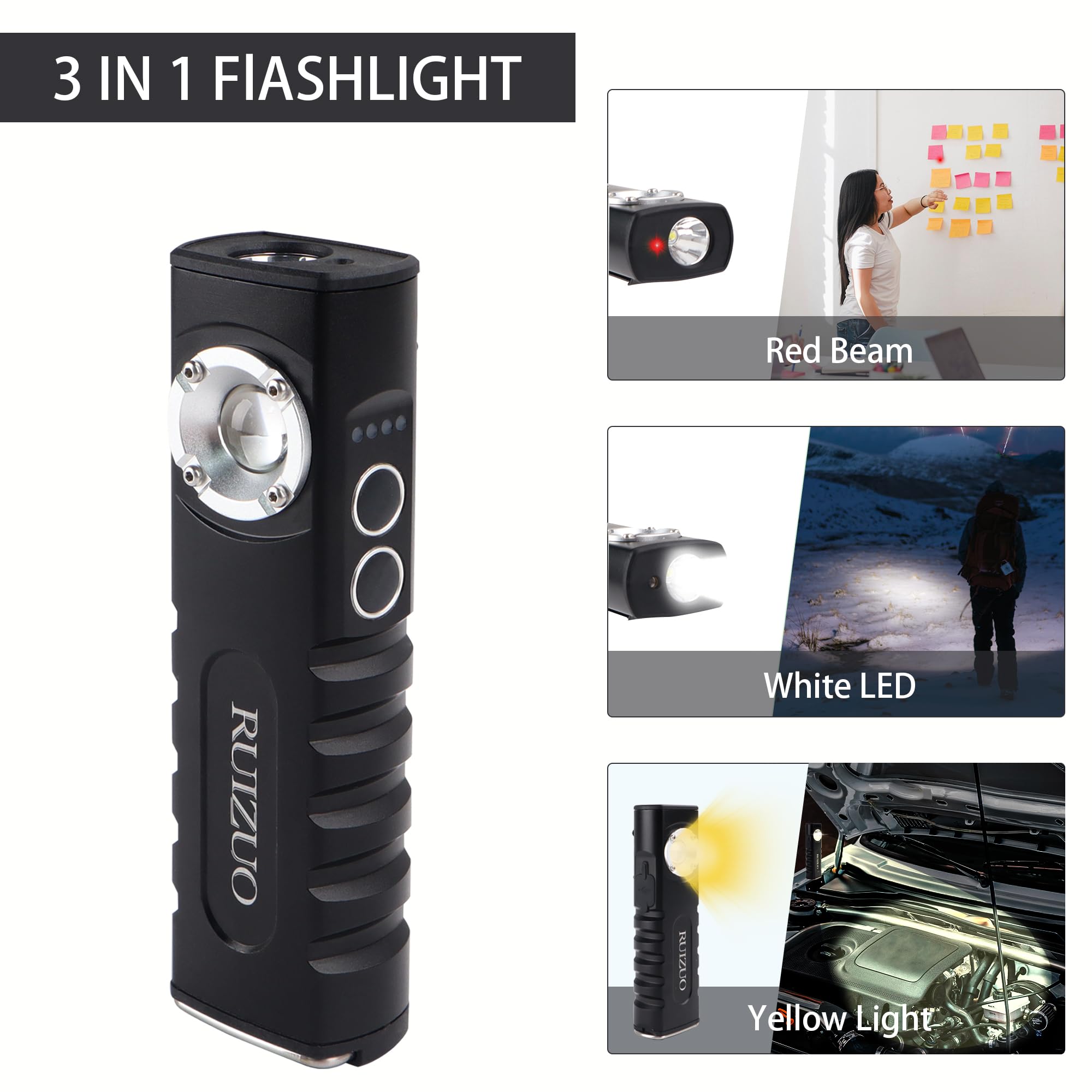 Ruizuo Rechargeable Edc Flashlights With Red Beam, Warm White Light And Led Combo, High Lumens Portable Flat Flashlights With Magnetic Base And Hook, Triple Light Sources Pocket Lights For Emergency