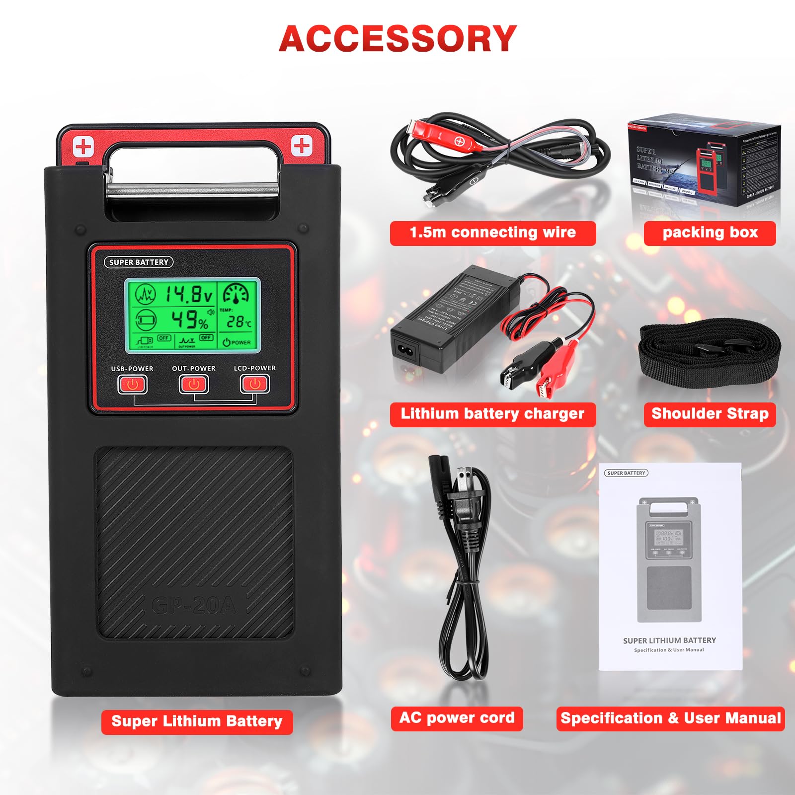 Yl-Hlot  Electric Reel Battery. 14.8V 20000Mah. Includes 1.5M Connecting Cable. Power Output. Usb Port. Display. Three Modes Turn On Or Off Individually. Smarter Battery Make Fishing More Fun.