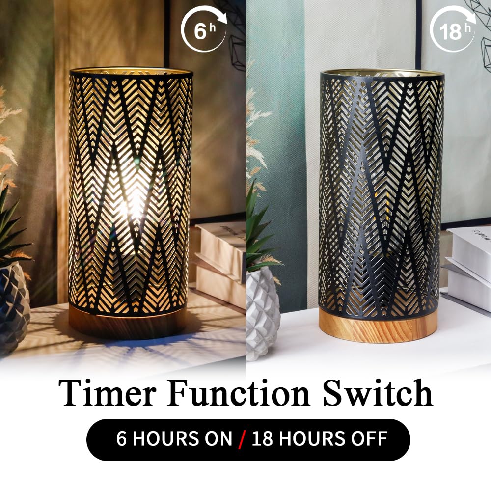 Jhy Design Metal Lamp Battery Powered 11''H Accent Cordless Decor Battery Lamp With 6-Hours Timer For Weddings Party Patio Garden Indoor Outdoor Table Balcony Christmas Decorations (With Wooden Base)